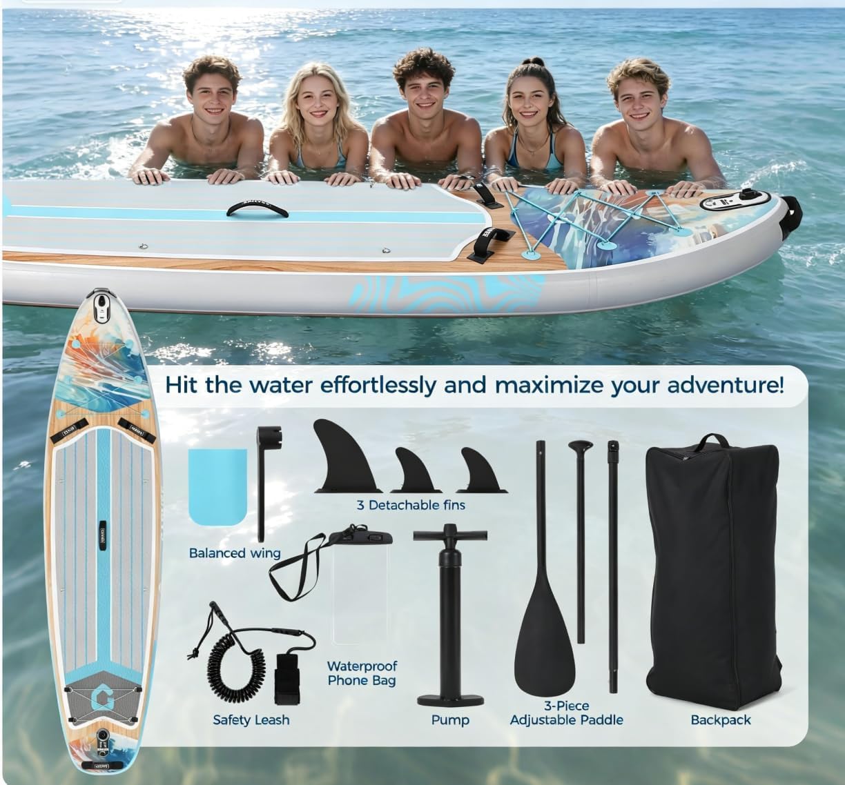 Tabla de Paddle Surf Hinchable 11’, Gran Capacidad 450LB, Estable para Principiantes, con Remo Ajustable, Soporte para cámara, Antideslizante, Accesorios completos – Ideal para Lago, río o Playa