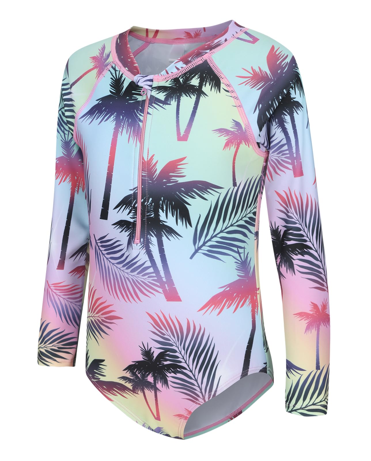 Girls Long Sleeve Rash Guard One Piece Swimsuit Kids UPF 50+ Sun Protection Swimwear Rainbow Striped Bathing Suit 3-14 Years