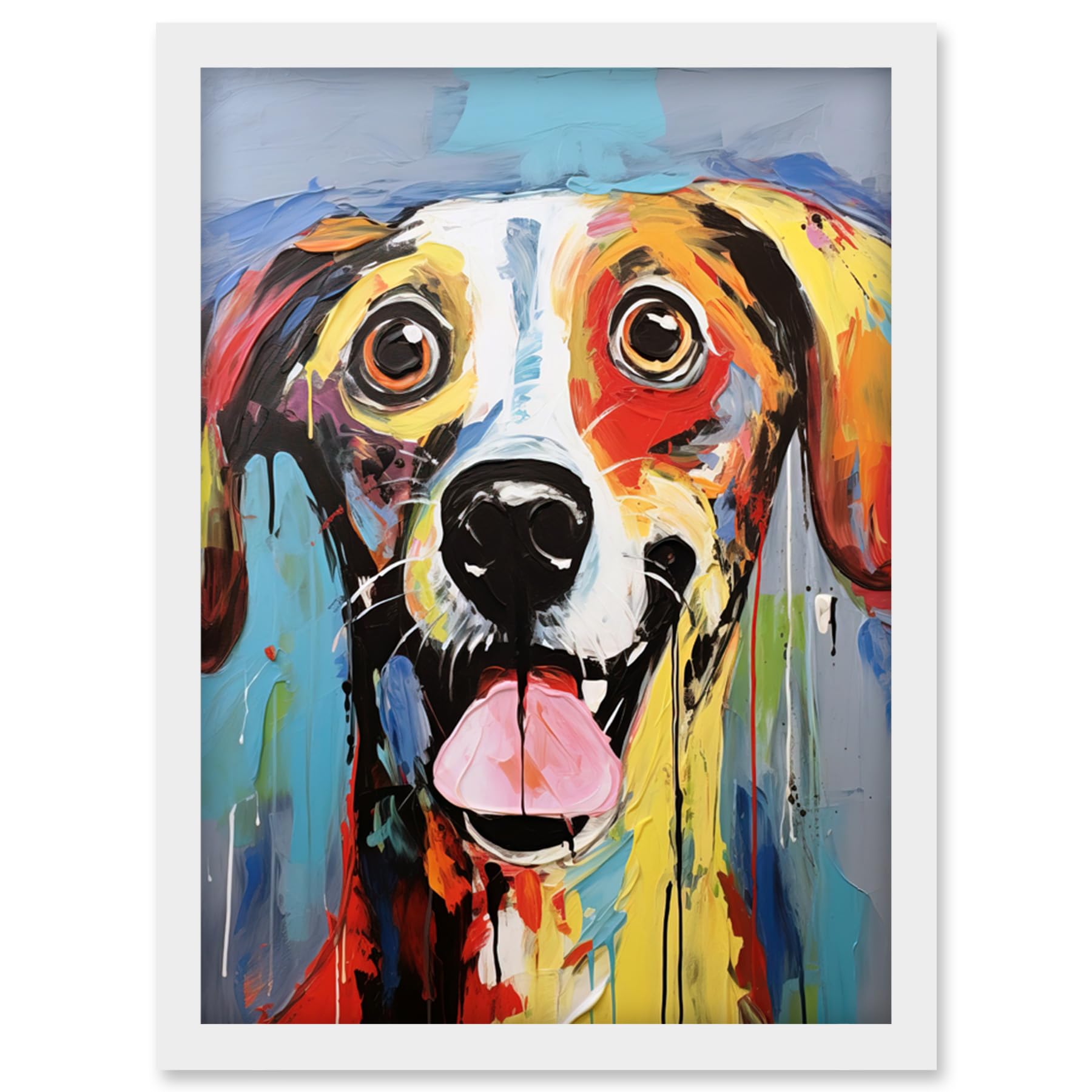 Artery8 Colourful Dog Portrait Artwork by Jason Brydson Happy Face Oil Painting Bold Bright Vibrant Artwork Framed Wall Art Print A4