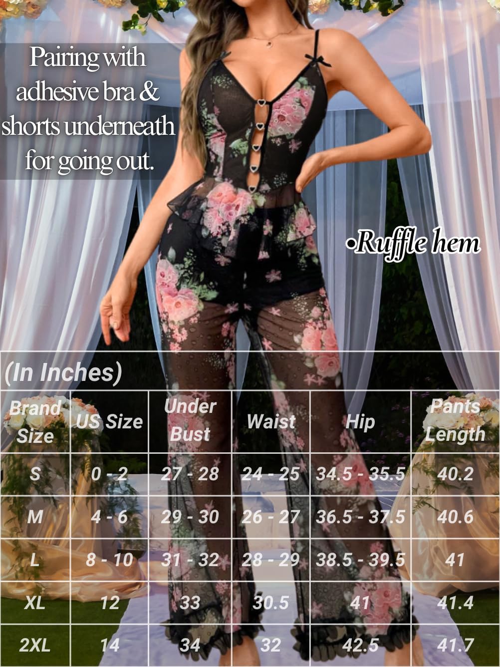 Women's Fully Sheer Mesh Pajama Set, Romantic Floral Lounge Wear with Rhinestone Cami & Ruffle Pants - Image 5