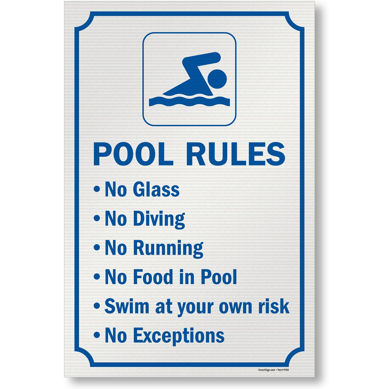 SmartSign 36 x 24 inch “Pool Rules - No Glass, No Diving, No Running…” Sign, Digitally Printed, 160 mil Corrugated Plastic, Chemical/Water-Resistant, Blue and White