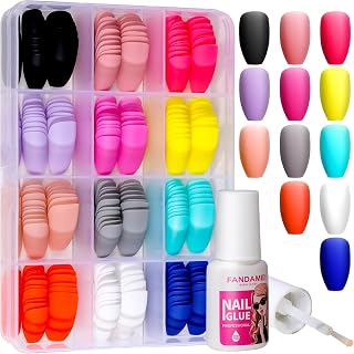 FANDAMEI Press on Nails Medium Coffin, 12 Packs 288PCS Matte Press on Nails, Acrylic Fake Nails Full Cover Medium with 7g Nail Glue, 12 Matte Color Glue on Nails Coffin