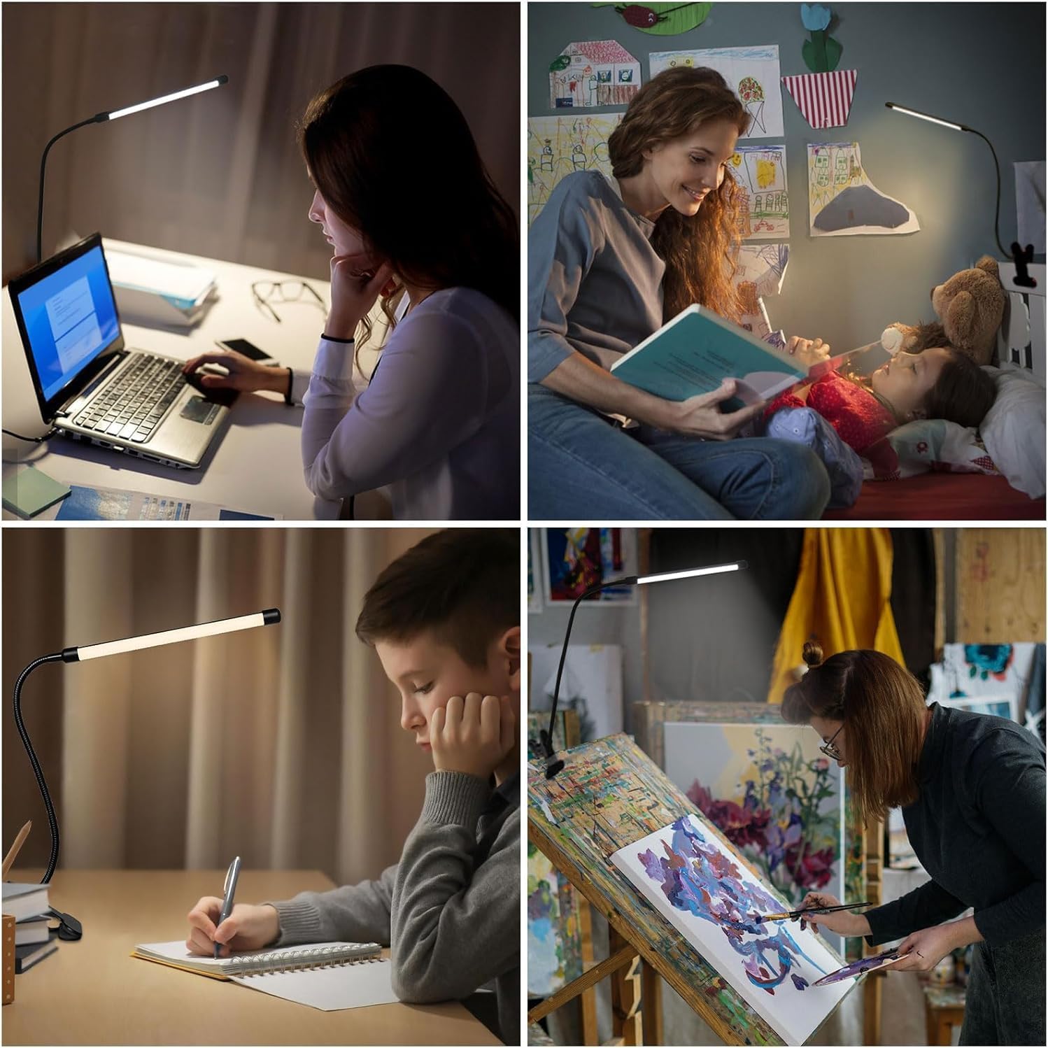 Akynite Lampa biurkowa LED z zaciskiem, adapter w zestawie, 3 kolory 10 intensywności, elastyczna lampa USB łabędzia szyja, klips do manicure stołowy, lampa zaciskowa