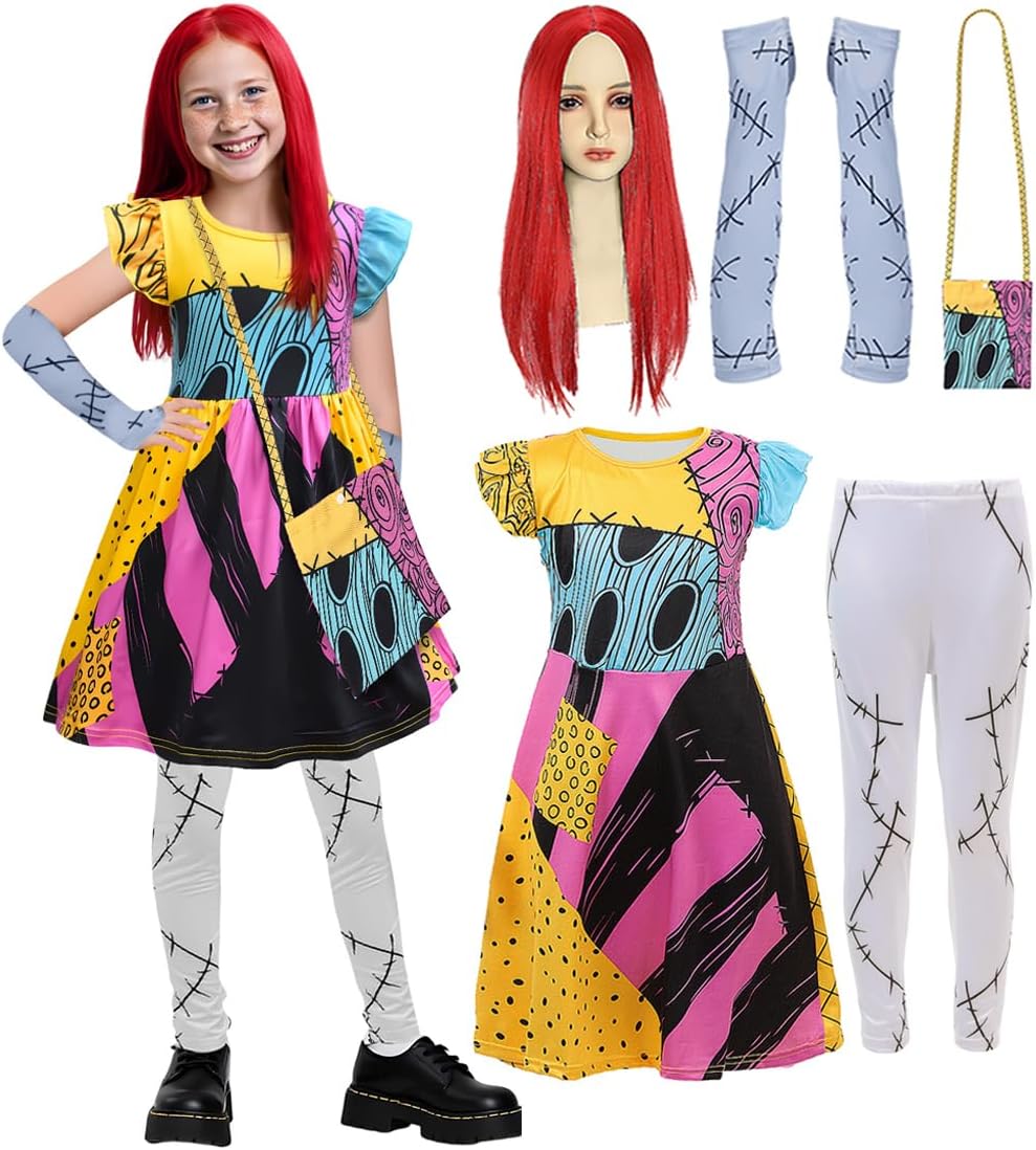 Sally Costume for Girls Kids Nightmare Before Christmas Dress Wig Pants Accessories Sally Cosplay Outfit 3-12 Years