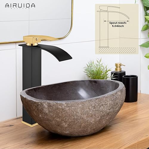 Miniatura 3 de Airuida Grifo de lavabo alto para baño, color negro mate y oro cepillado, moderno solo agujero de una sola manija, estilo granja, lavabo montado en