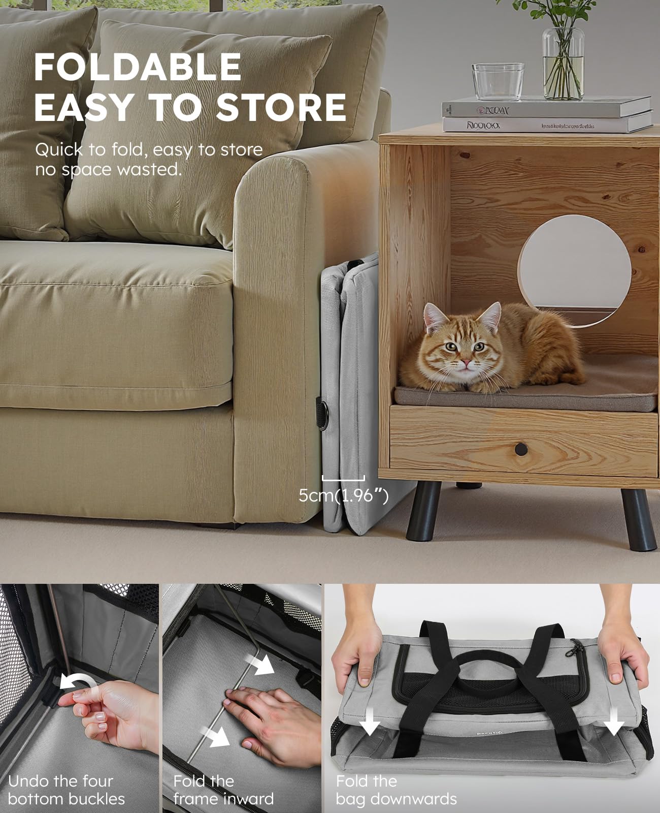 pecute Katzentransportbox Faltbar Stabiler Halt Haustier Tragetasche, Transportbox Katze Leicht, Faltbar Katzen Tasche für Katzen und kleine Hunde, ideal für Reisen, Grau