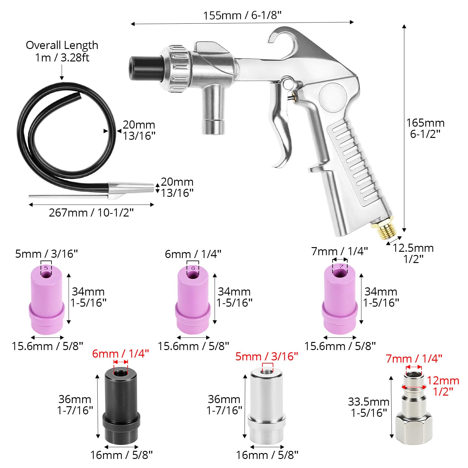QWORK® Pistolet sablage à air comprimé kit, avec 12 buses, tuyau en caoutchouc et raccord rapide, pour des applications de nettoyage polyvalentes