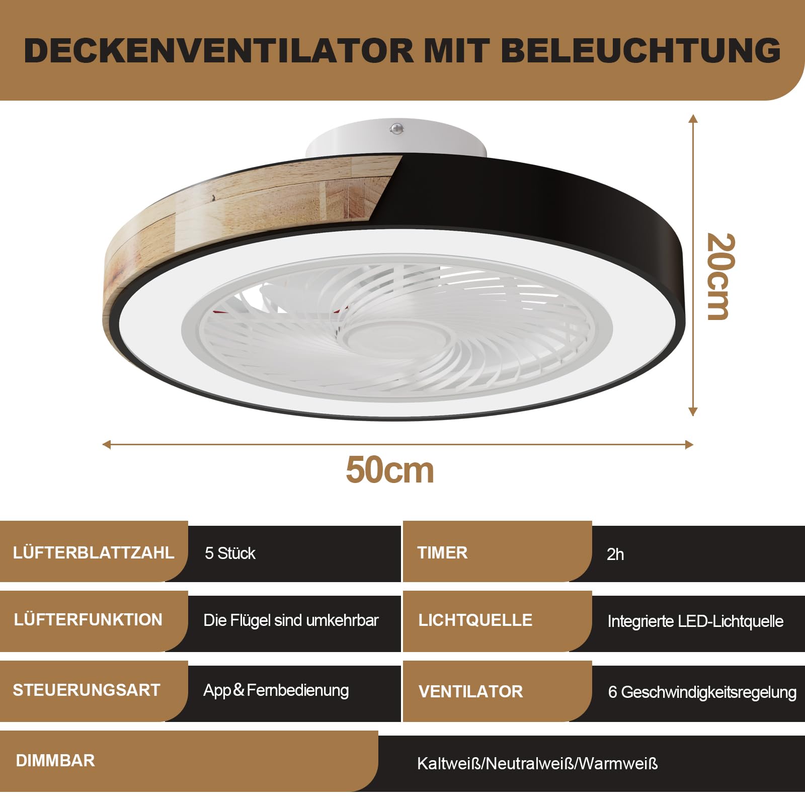 DATO Deckenventilator mit Beleuchtung, 3 Farbtemperatur und 6 Geschwindigkeiten LED-Deckenventilator mit Lampe Leise Dimmbar (A)