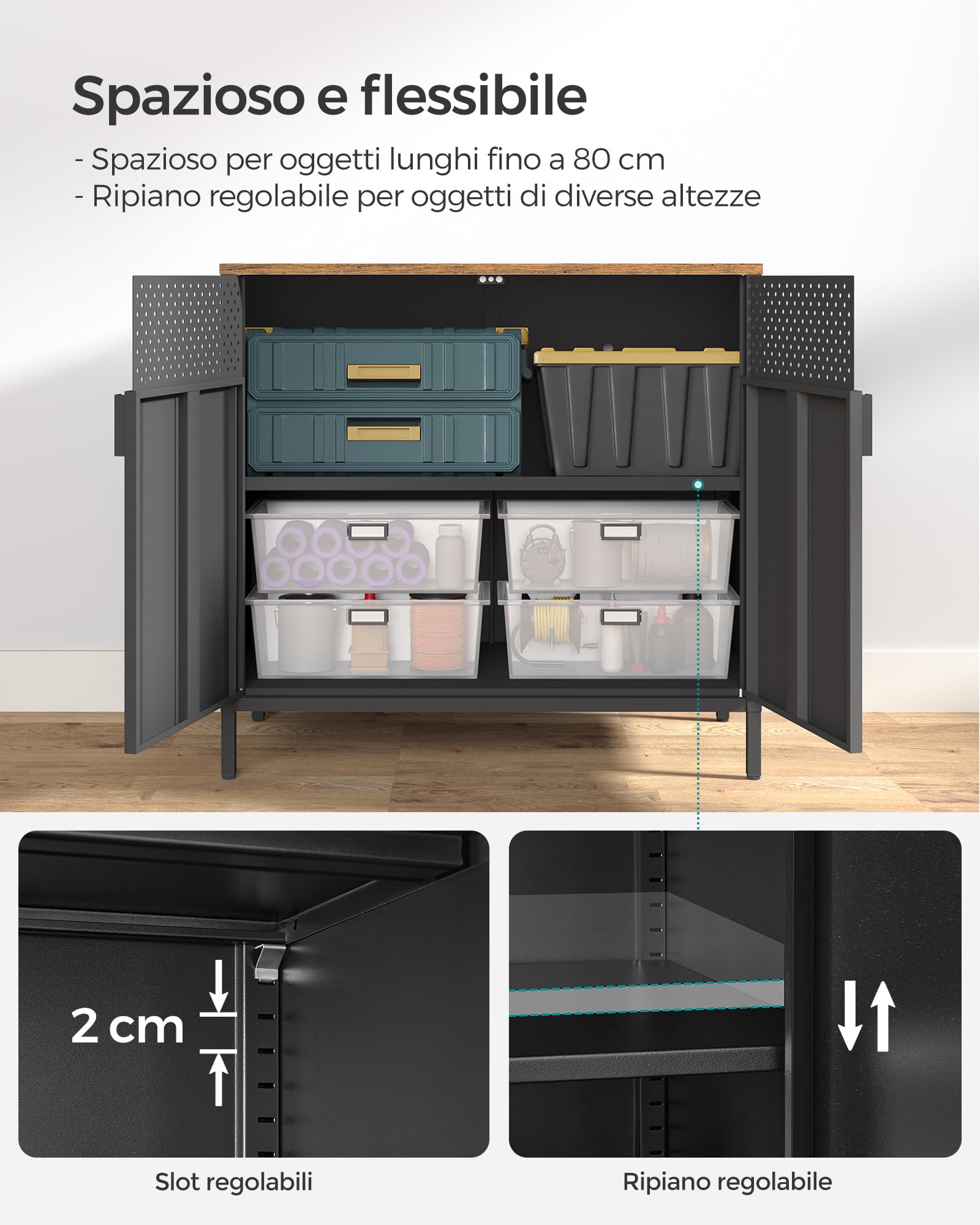 SONGMICS Mobiletto Contenitore, Credenza in Metallo, Doppia Anta con Chiusura Magnetica, Ripiani Regolabili, Struttura in Acciaio, 40 x 80 x 76 cm, Marrone Vintage e Nero Inchiostro LSC102B01