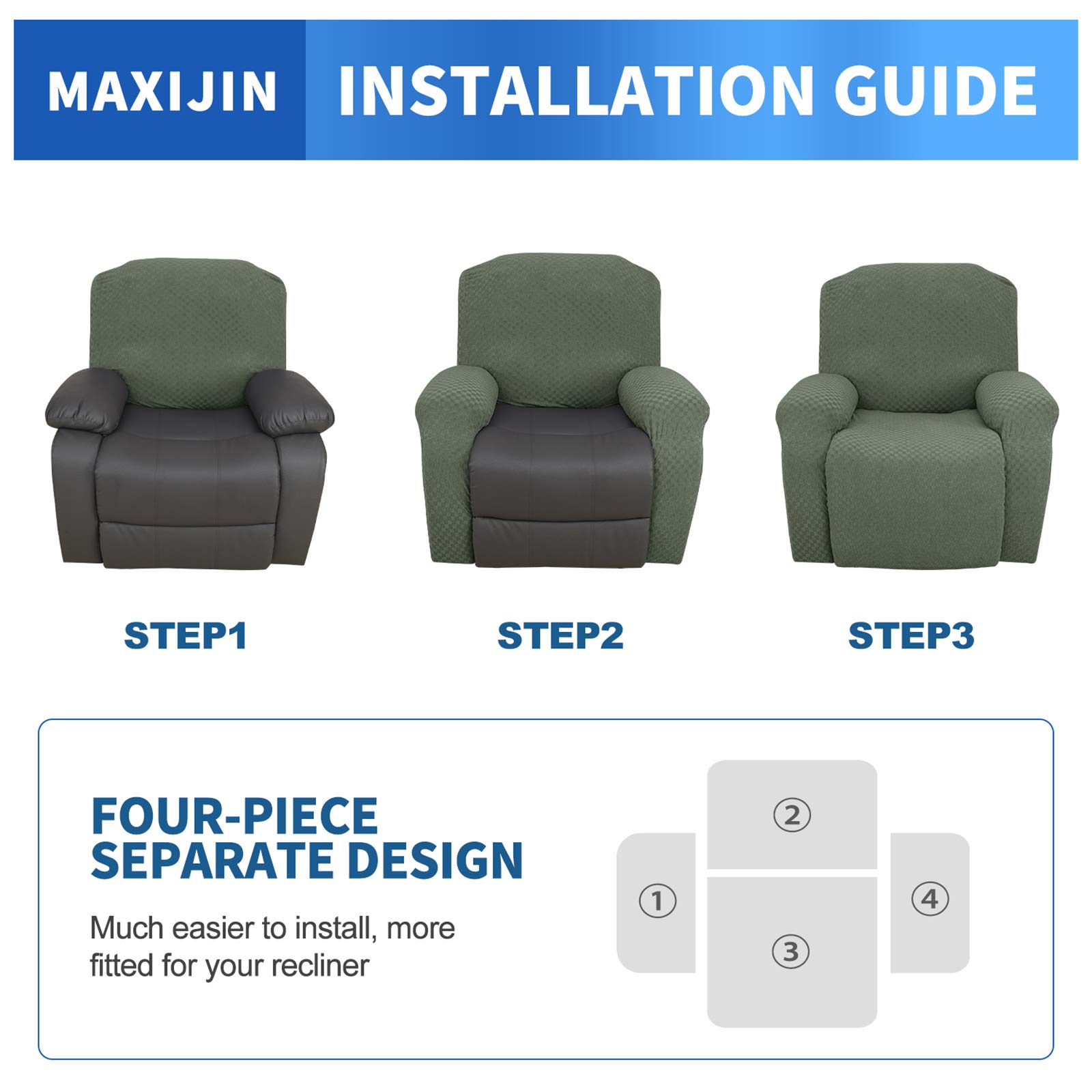 MAXIJIN Newest Recliner Slipcovers for Living Room 4 Pieces Stretch Jacquard Recliner Chair Cover Soft Fitted Recliner Protector with Elastic Bottom for Kids, Pets (Recliner, Army Green)