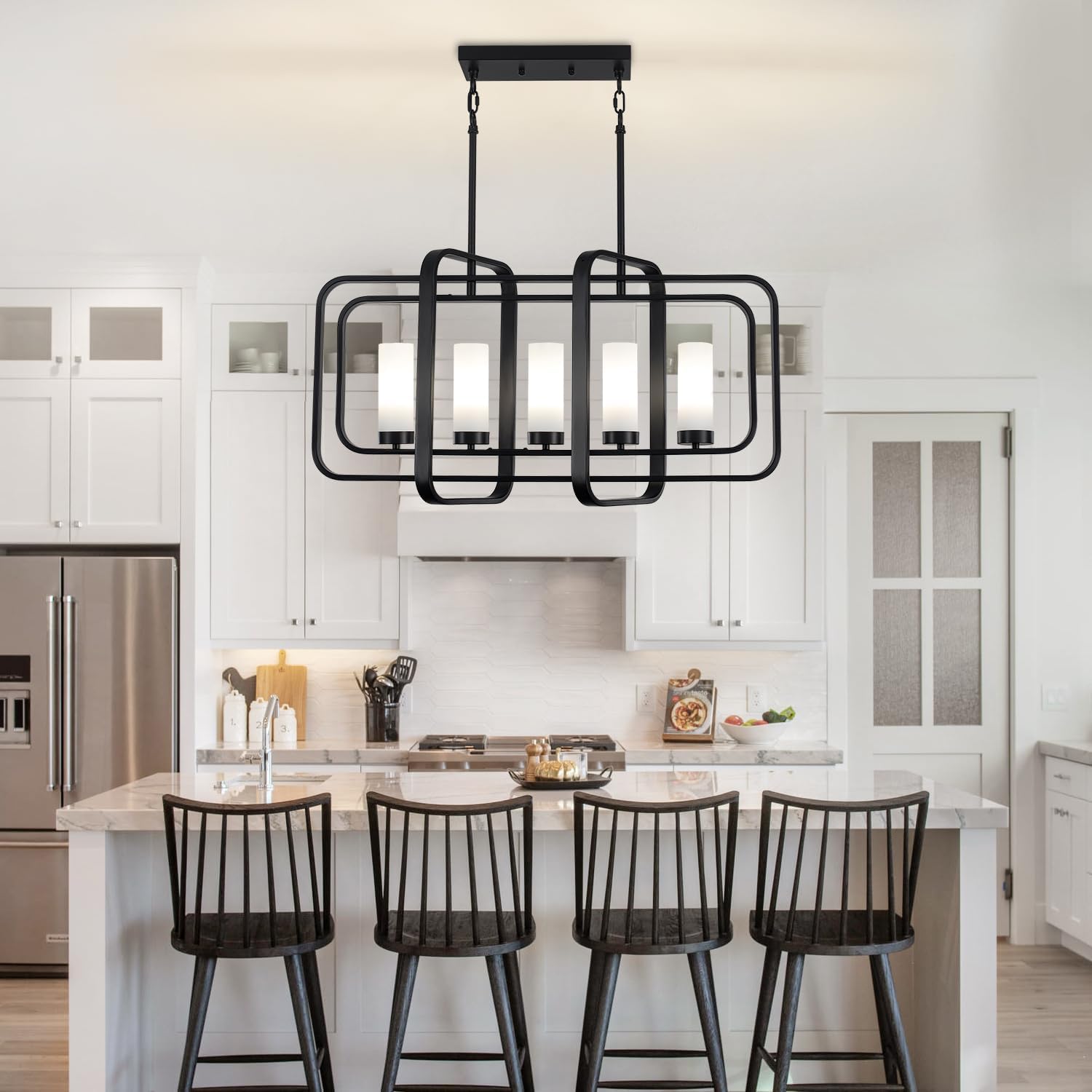 TOULMJ 5-Light Kitchen Island Lights, 31.49'' Modern Large Black Chandelier Dining Room Light Fixture Industrial Rectangle Chandelier with Frosted Glass