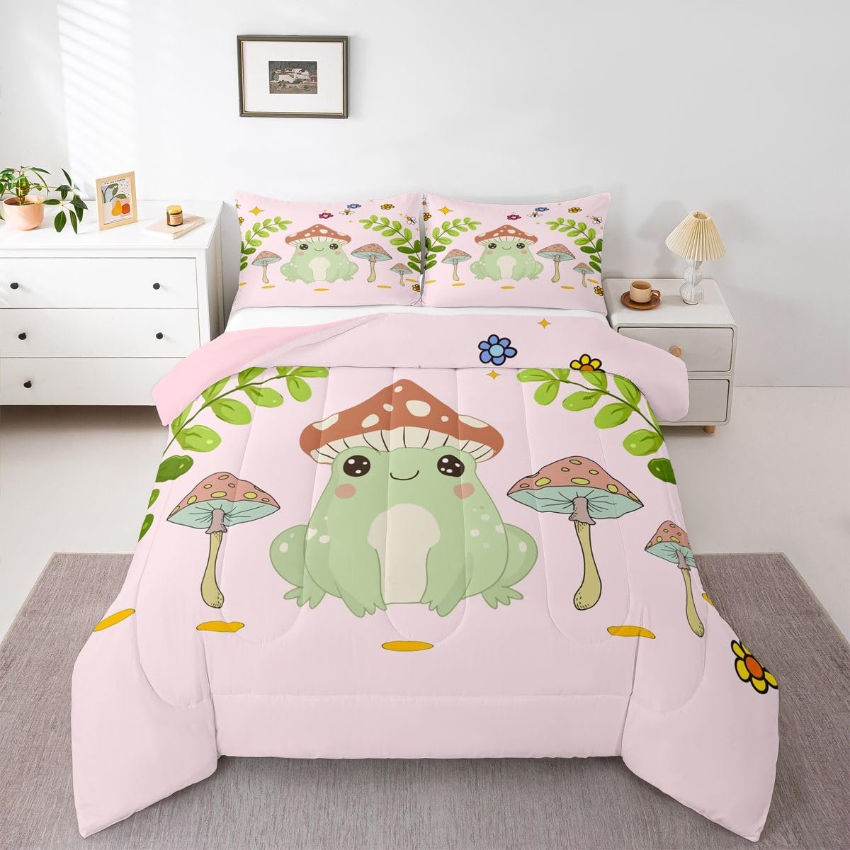 Feelyou Cute Frog Duvet Set Mushroom Bedding Set for Kids Boys Girls Natural Wild Fungus Comforter Set Botanical Plants Comforter 1 Comforter Set with 2 Pillowcases King Size