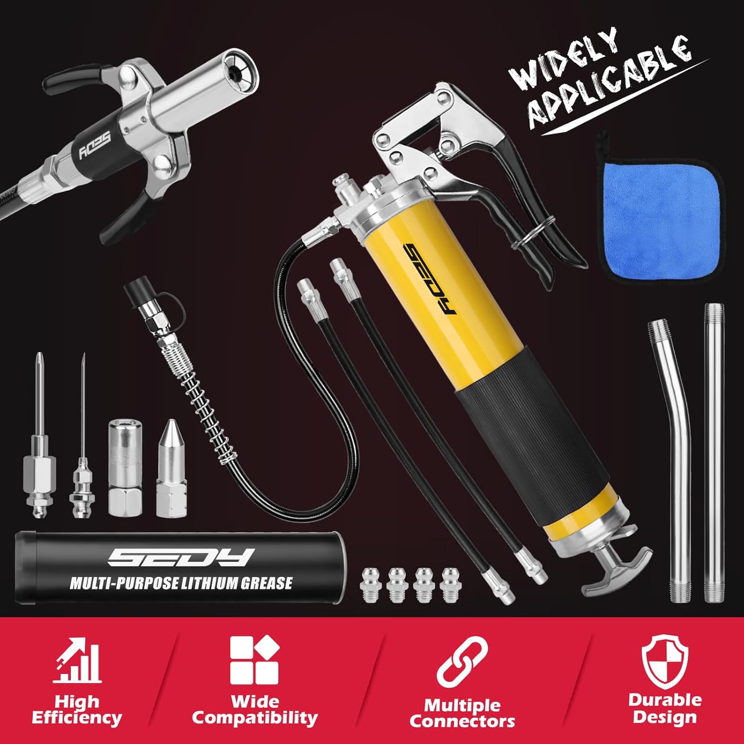 17-Piece Heavy Duty Grease Gun Kit: 14oz Grease Tube Flexible Hose Bearing Grease Pump 8000 PSI Pistol Grip Grease Guns Tool Marine Durable Connectors Adapters Extension Tubes Nozzle Easy Operation