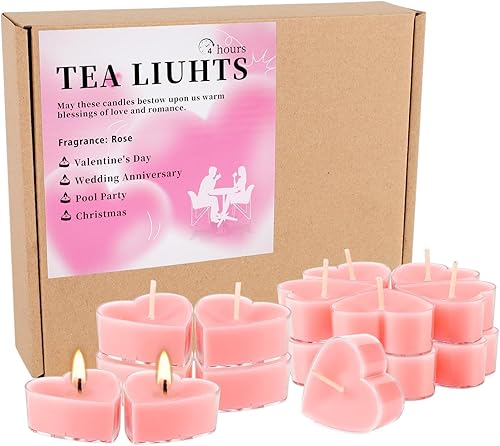 Miniatura 8 de Paquete de 50 velas de té con forma de corazón rosa (4 horas de combustión), velas perfumadas con aroma a rosa para el día de San Valentín,