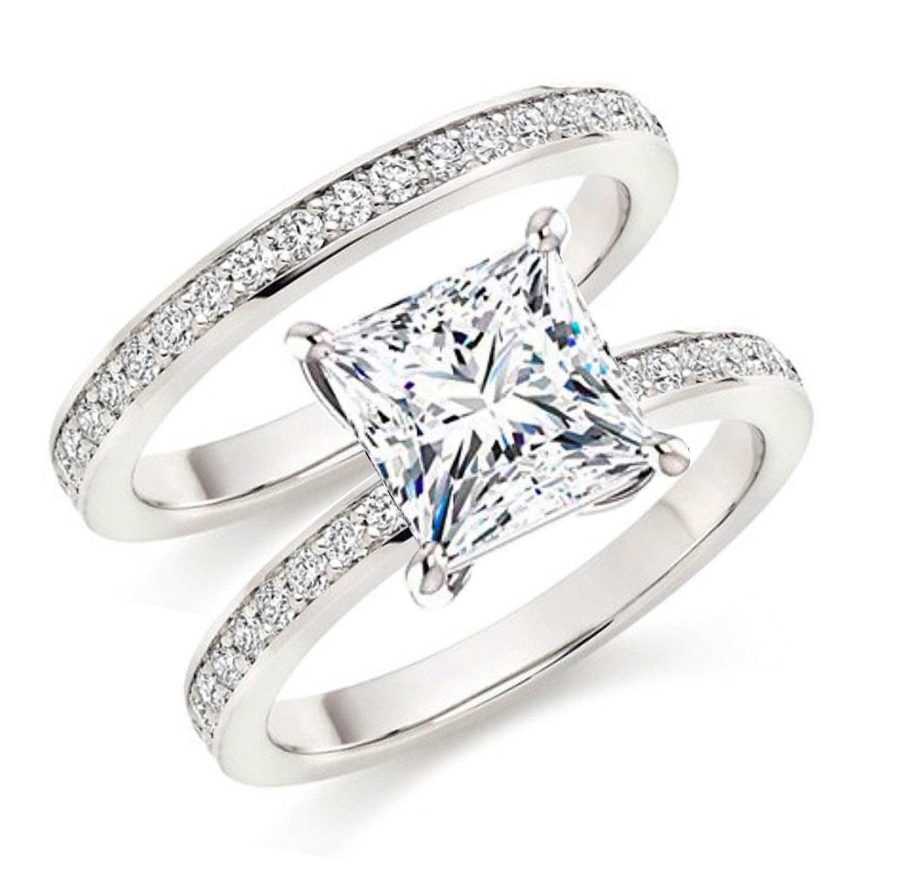 Diamonbella101 Facets Glamorous Princess Cut Simulated Diamond Band Set 925 Silver 1 2 Carats