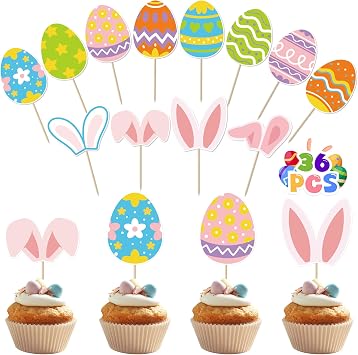 36pcs Easter Cupcake Toppers, 12 Kinds Easter Cake Topper Decorations, Paper Colorful Easter Eggs Bunny Ears Cake Topper Decor, Single Sided Printing Spring Party Desserts Cupcake Topper Decoration