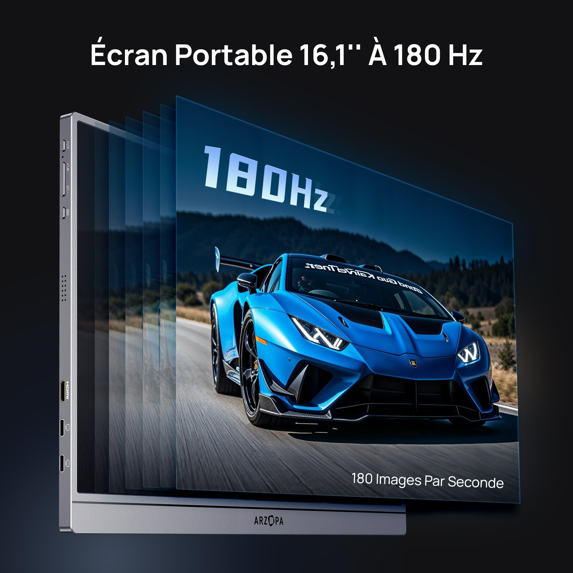 ARZOPA Moniteur Portable 16,1" 2,5K 180 Hz Écran Portable Gaming QHD 2560×1440 107% sRGB HDR10,Design Mince, Compatible PS5, Xbox, Switch, PC, Mac - Z3FC Gris