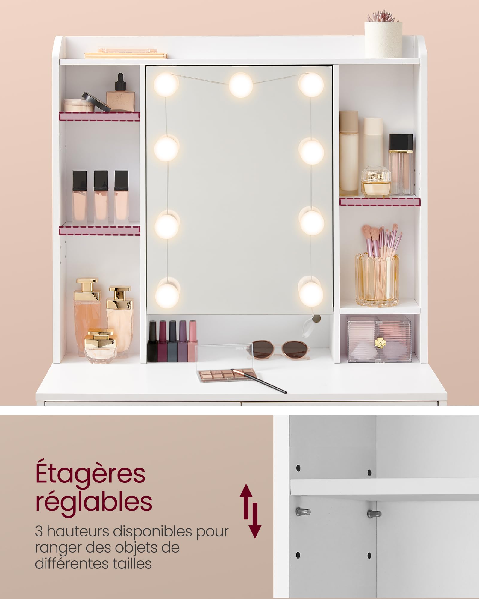 Coiffeuse Avec Éclairage LED Et Tabouret - Blanche, 3 Couleurs Lumière, 6 Étages Et 2 Tiroirs