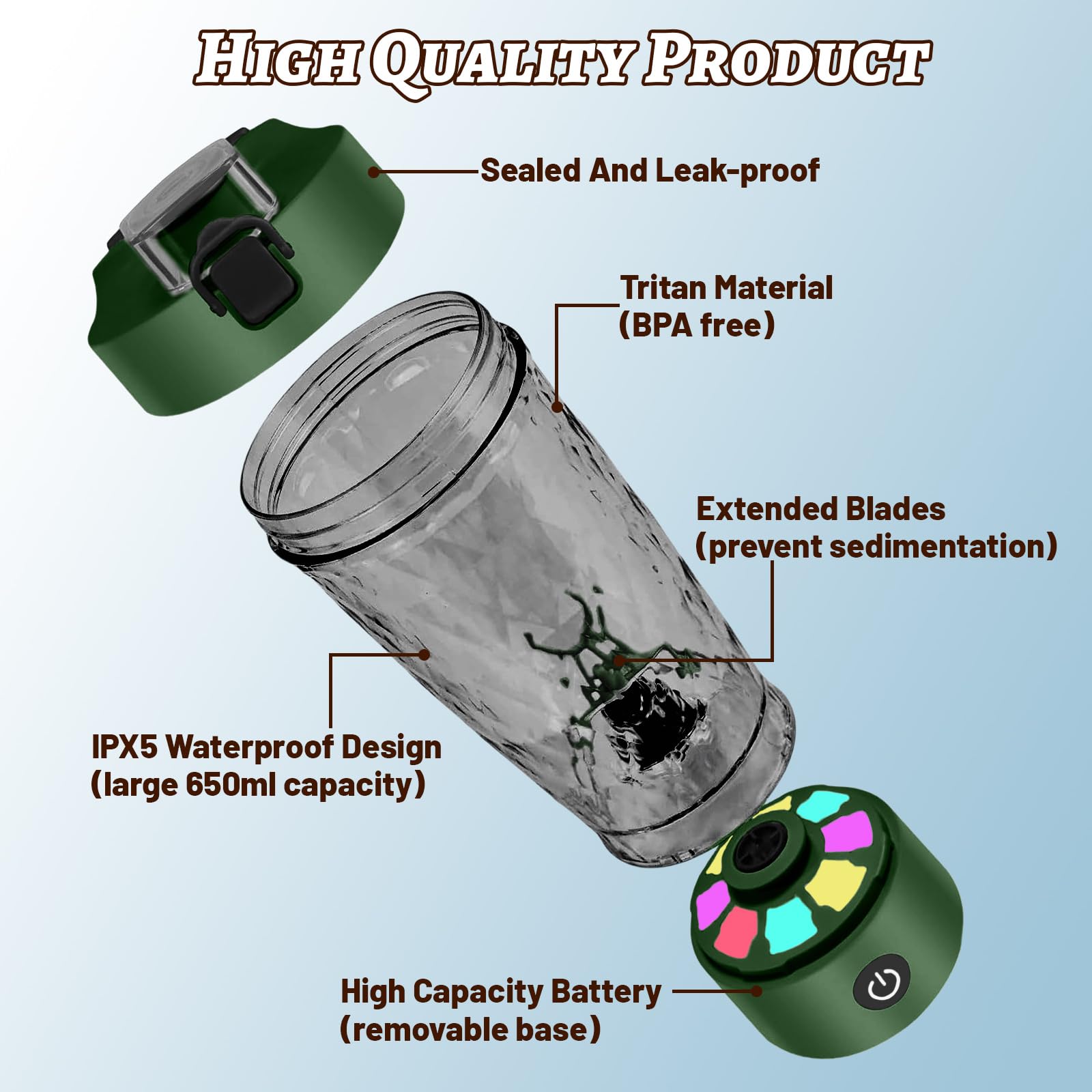 flintronic Mezclador de Proteinas Eléctrica, 650ML Verde Vaso Shaker Portable Vortex con Recargable USB-C - Hecho con Tritan, Sin BPA, Tecnología de Mezcla Rápida, para Batidos de Proteínas