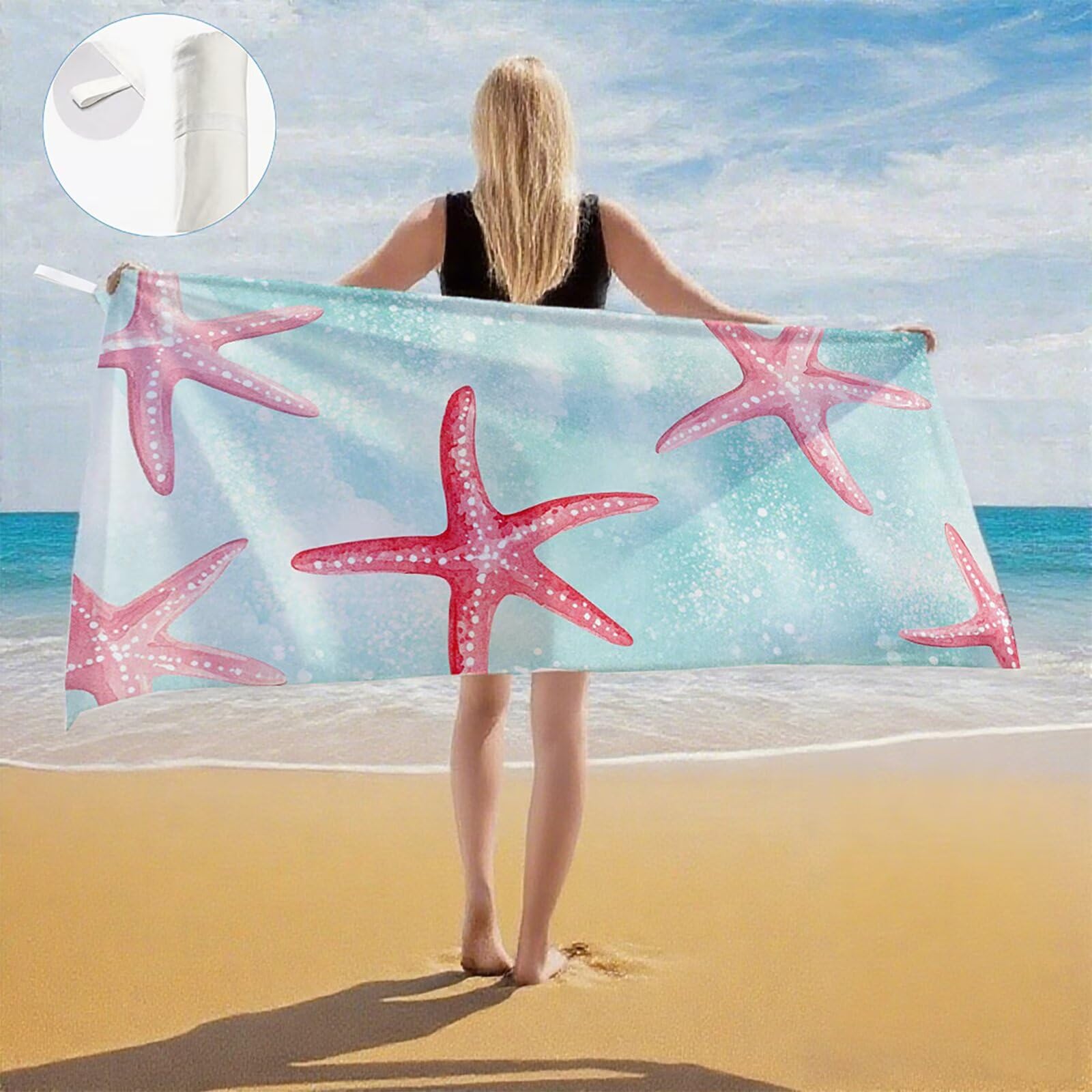 Serviette de Plage Microfibre Serviette Plage 100x150 cm 2 Pack Séchage Rapide Anti-Sable Absorbante Fonction drap de plage xxl pour Bain Sport Voyages Sauna Piscine Yoga, avec Sac Étoile de mer Q-667