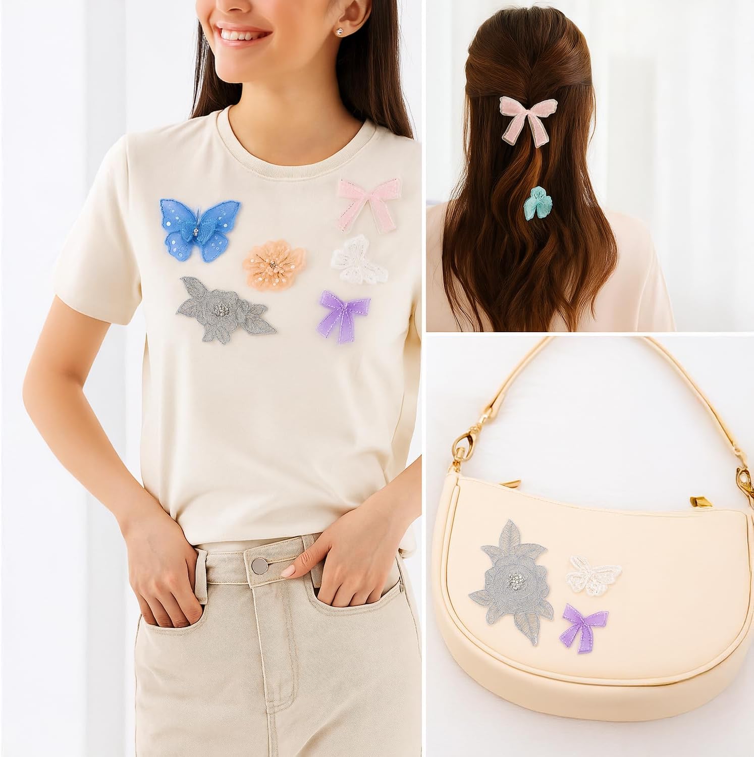 12 Pieces 3D Flower Lace Embroidery Butterflies Appliques Pearl Patches for Repairing and Decorating, Sewing Craft Clothing Jeans Jackets Bags (Blue)