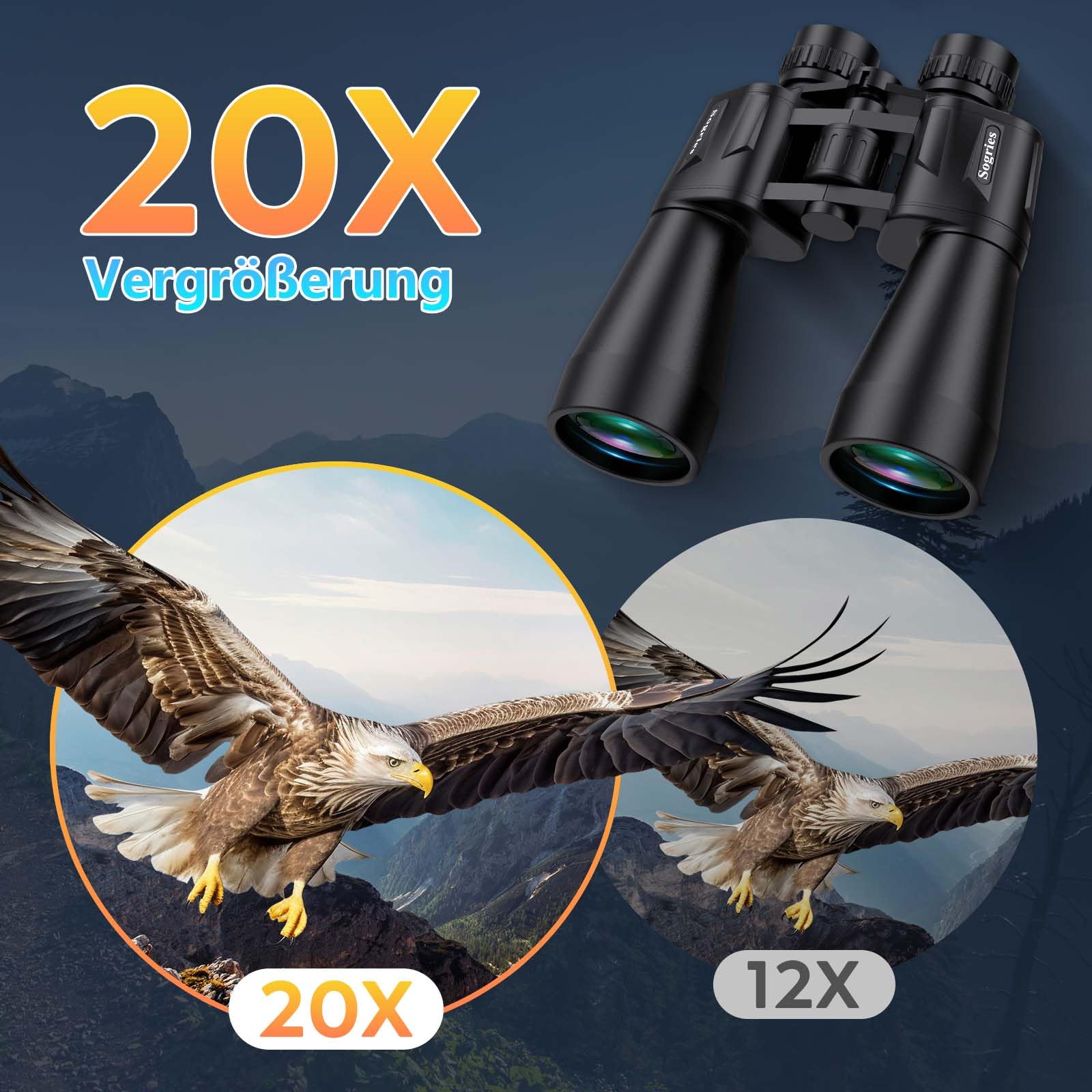 20 x 60 Fernglas für Erwachsene, leistungsstark, wasserdicht und beschlagsicher, kompaktes Fernglas für Vogelbeobachtung mit schlechten Lichtverhältnissen, Jagd, Reisen, inklusive Tragetasche