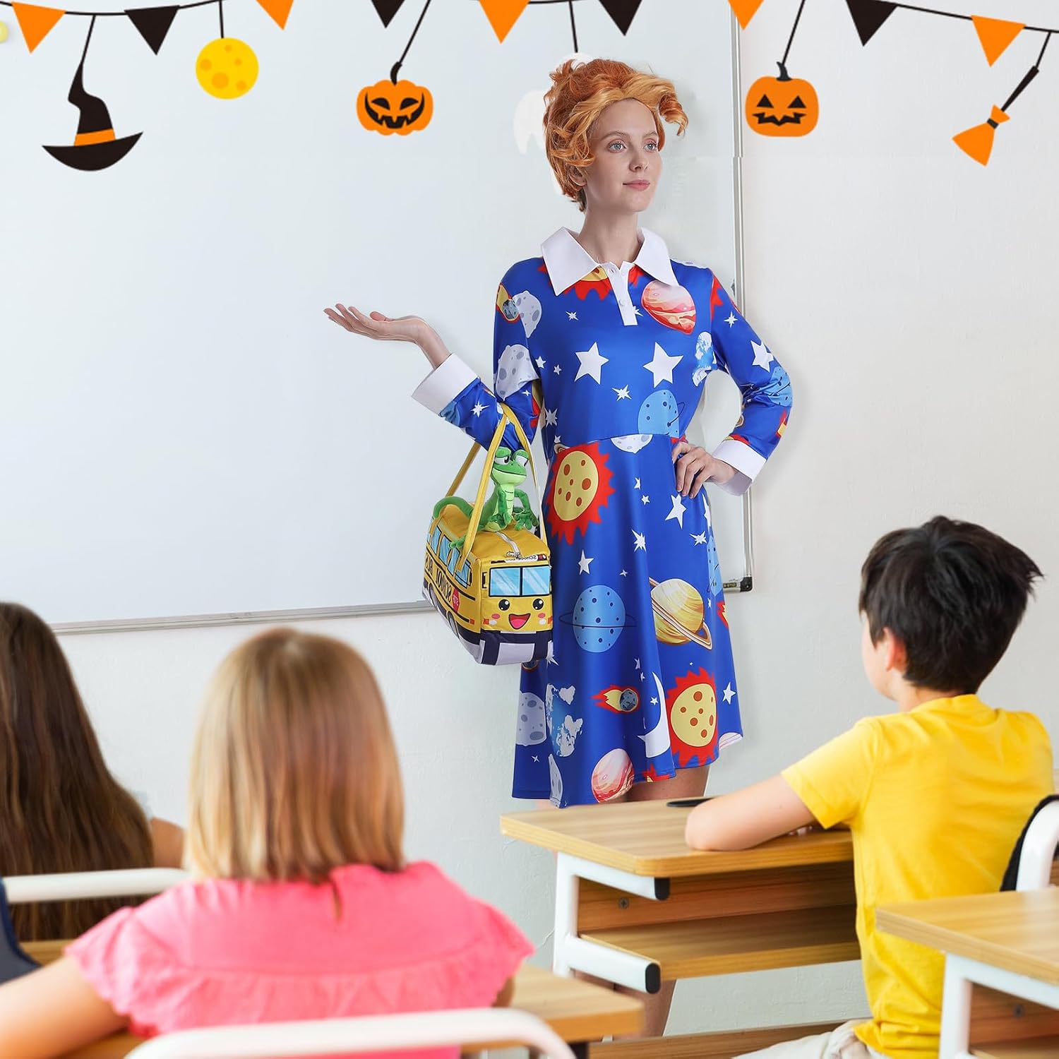 4 Pcs Ms Frizzle Dress Costume Women Teacher Halloween Costume Set with Wig School Bus Bag Plush Toys Accessories Set - Image 5