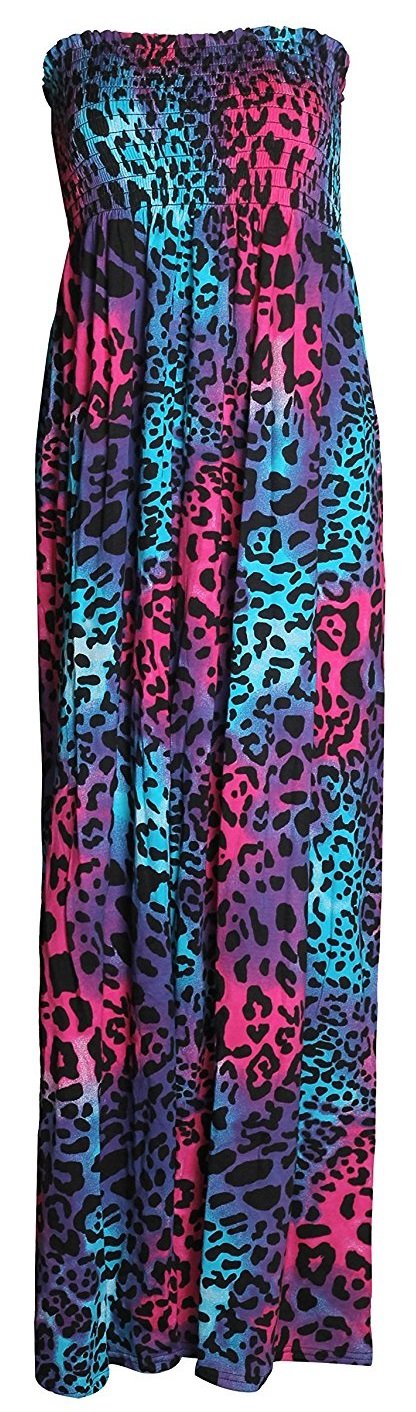 Wearall Women's Multi Leopard Plus Size Printed Bandeau Stapless Shirred Long Maxi Dress - 20-22
