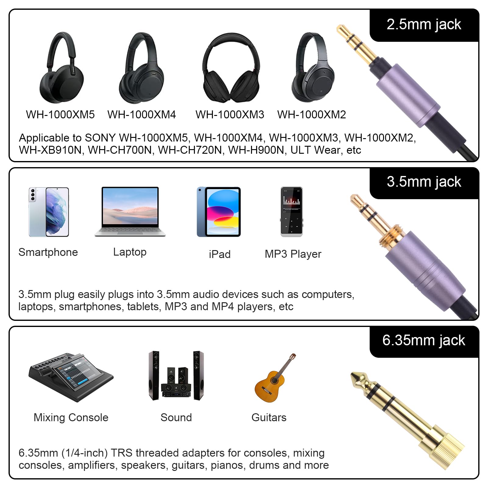 WH-1000XM3 Replacement Coiled Audio Cable Compatible with Sony WH-1000xm5 WH-1000xm4 WH-1000xm2 MDR-XB950BT WH-900N Headphones, 1/8” Extension Cord with 1/4” Adapter for PS5 PS4 PC Smartphone Xbox One