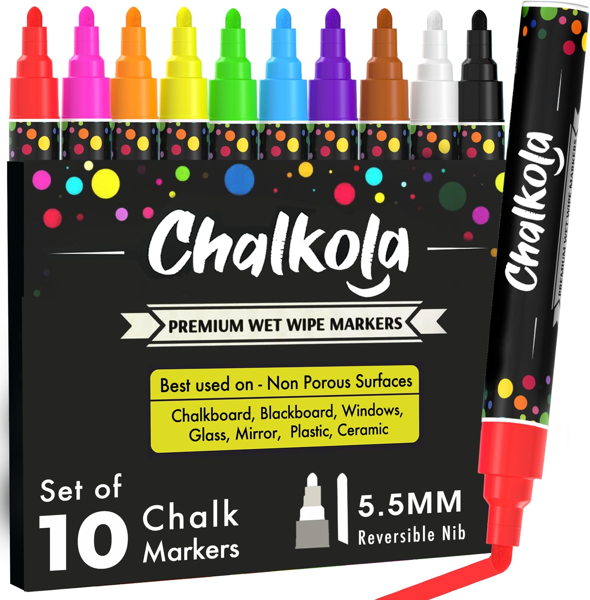 Chalk Pens - Pack of 10 neon Colour Markers. Used on Whiteboard, Chalkboard, Window, Blackboard - 6mm Reversible Bullet & Chisel Tip