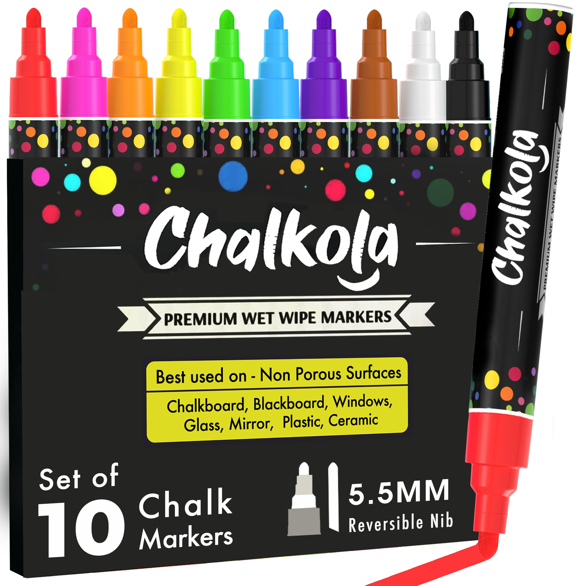 Chalkola Chalk Markers for Blackboard, Chalkboard, Window, Bistro, Car Glass, Board, Wall Calendar (10 Pack, 6mm Reversible Tip) - Wet Wipe Erasable