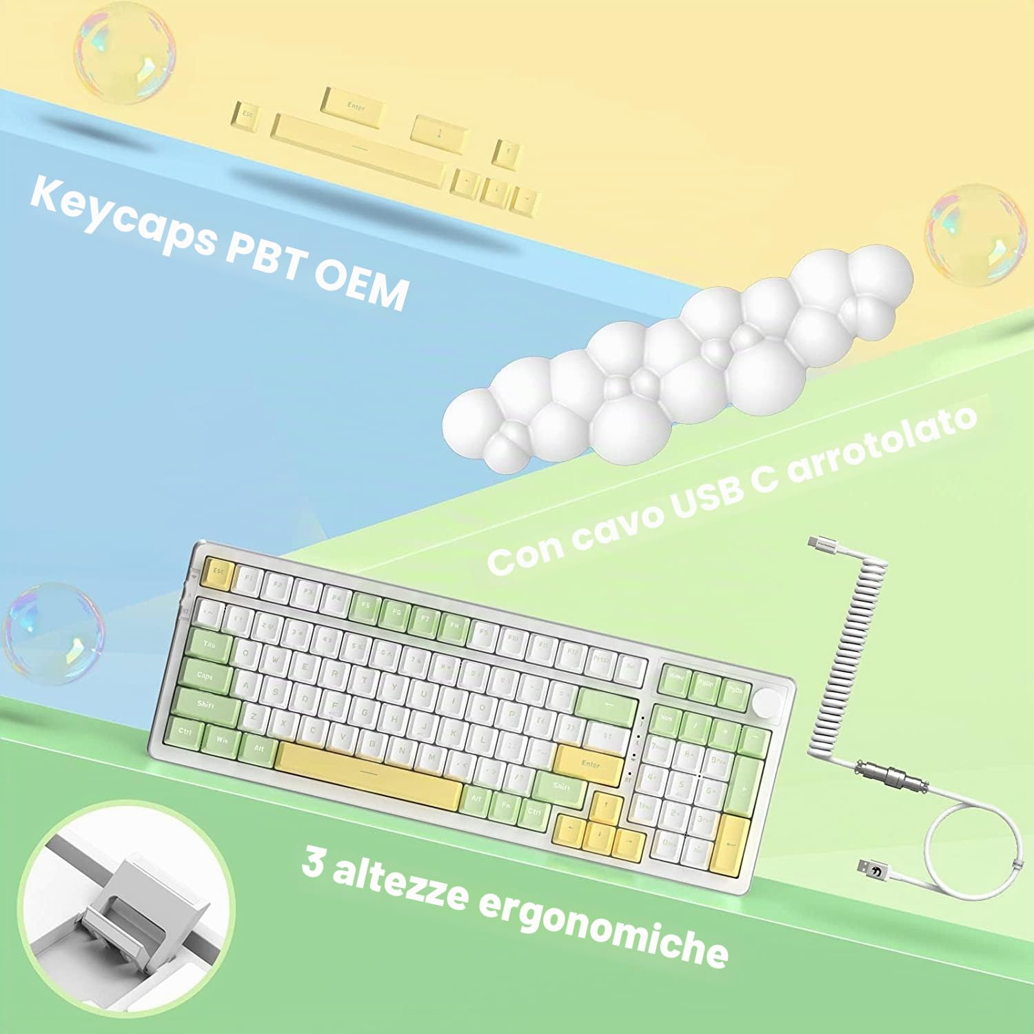 A.JAZZ AK992 GASKET Tastiera da gioco meccanica hotswap e poggiapolsi cloud e cavo USB C a spirale,4000 mAh 2,4 Ghz/BT5.0/USB-C, RGB LIGHTSYNC,manopola del volume,copritasti PBT (interruttore marrone)