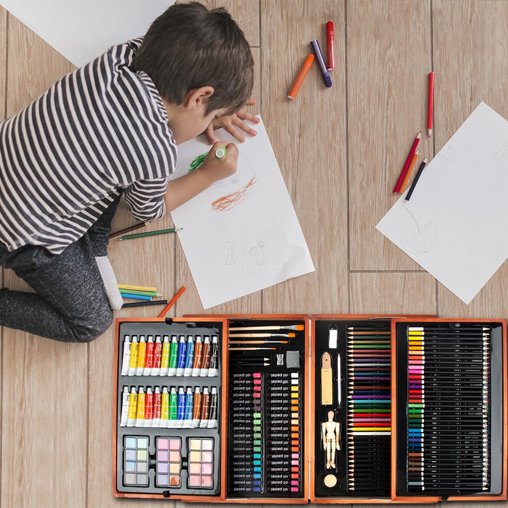 BAKAJI Valigetta Pittore in Legno Professionale 185 Pz, Set Artistico con Pastelli ad Olio, Acquerelli, Matite Colorate, Pittura acrilica,Custodia Portatile con Manico, Bambini e Adulti