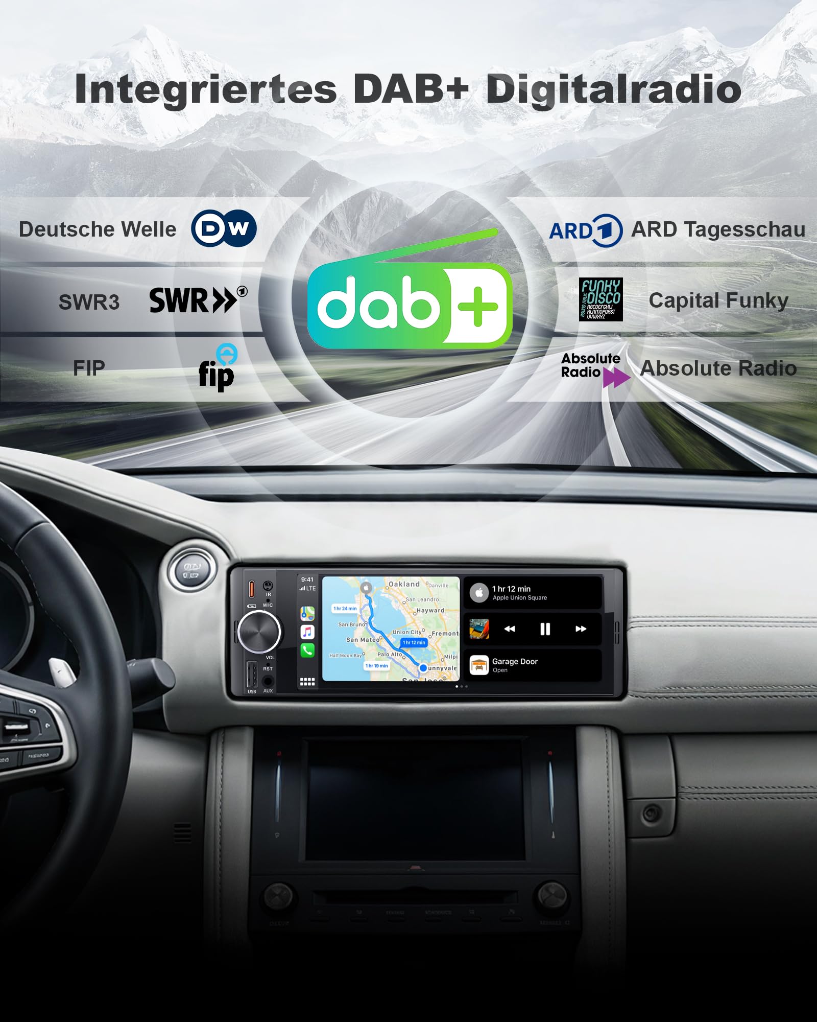 DAB/DAB+ 6,36 Zoll 1 DIN Autoradio mit Drahtlosem CarPlay & Android Auto, Schnellladung, Drahtloser Spiegel-Link, Voice Control, AHD Rückfahrkamera & Mikrofonunterstützung/DSP/SUB/AUX/AM/FM/RDS