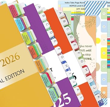 Index Tabs for CPT 2026 & ICD-10-CM 2026 Codebook AAPC Version, 2025 HCPCS Level II Book Tabs, Color-Coded & Laminated, Alignment Guide and Page Numbers Sheet Included, Tear-Resistant & Waterproof