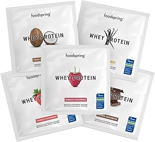 foodpring Proteine Whey, Monoporzione, 5 x 30g Gusti diversi, Formula in polvere con un alto contenuto proteico per muscoli più forti, a base di latte di alta qualità di mucche allevate al pascolo