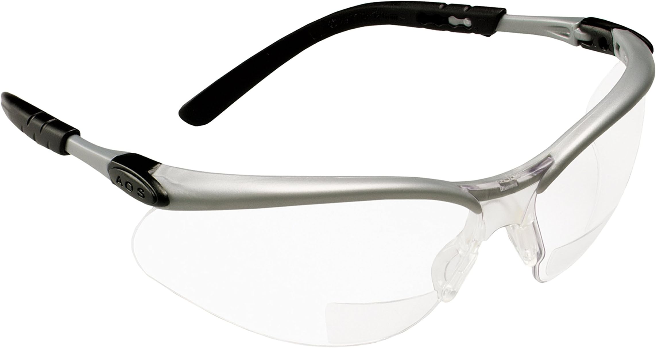 Reader +2.0 Diopter Safety Glasses, Silver/Black Frame, Clear Lens