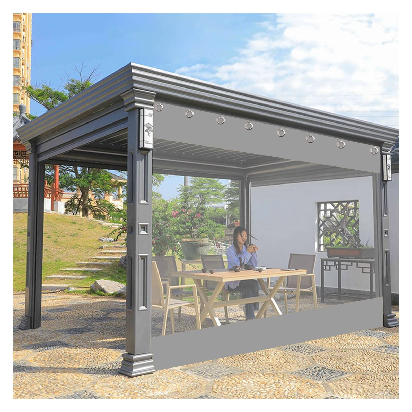 VagxTbs Multiple Colour Outdoor Curtain Heavy-duty Clear Workshop Curtain Garden Patio Gazebo Heavy-duty Waterproof Tarpaulin Side Panels (Grey,2.2x1.8m/7.22x5.9ft)