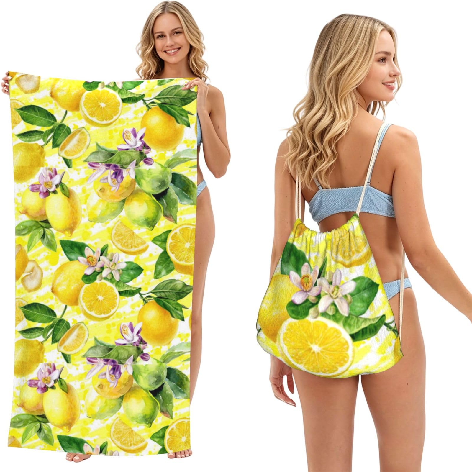 Poadnly As Picture Lemon Flower, 2 In 1 Packable Towel Bag, Beach Towels With Drawstring Backpack For Travel Holiday Camping