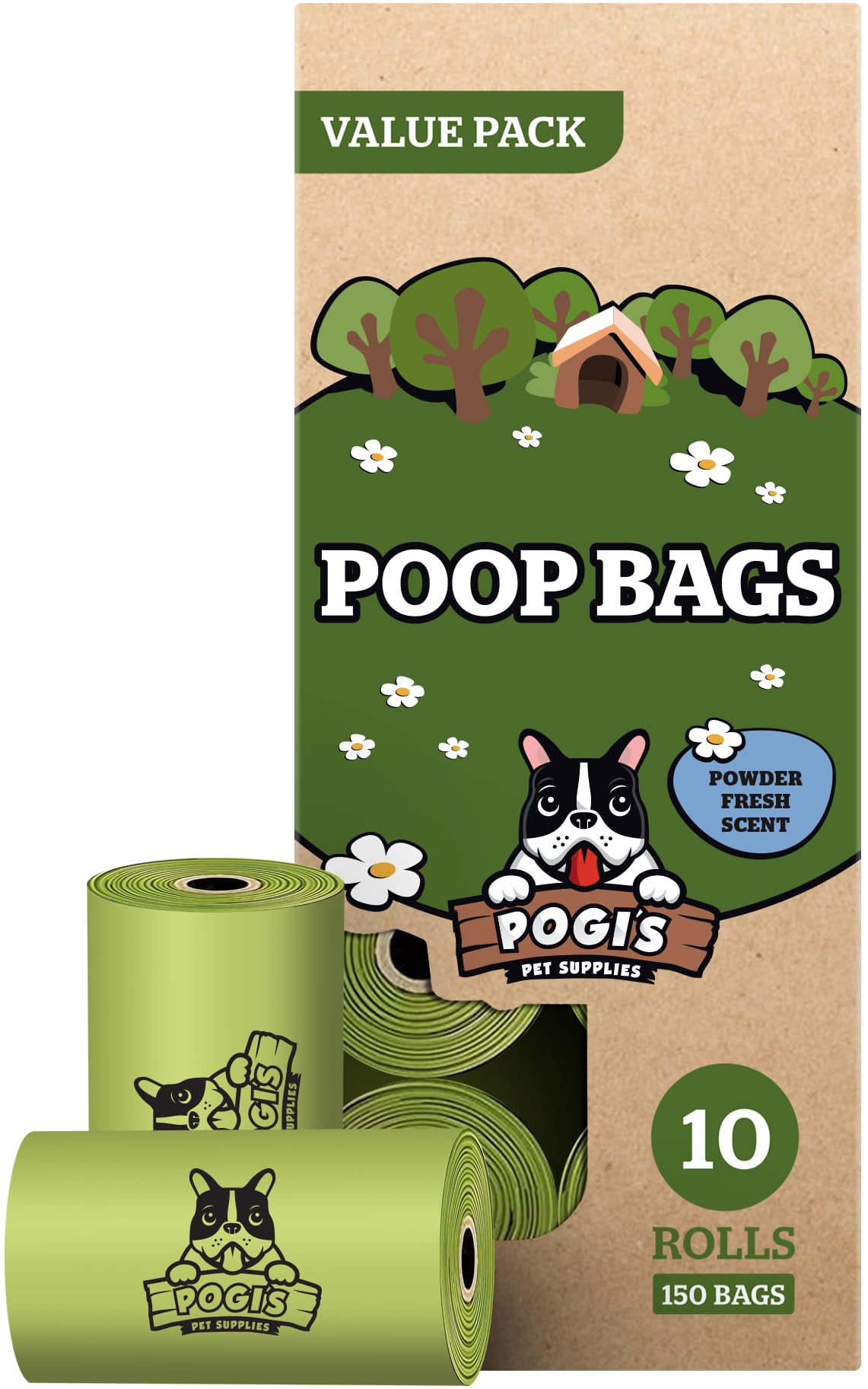 Pogi’s Dog Poo Bags – Biodegradable, Ultra Thick, Leak-Proof, Powder Fresh Scent, 150 Bags (10 Rolls)