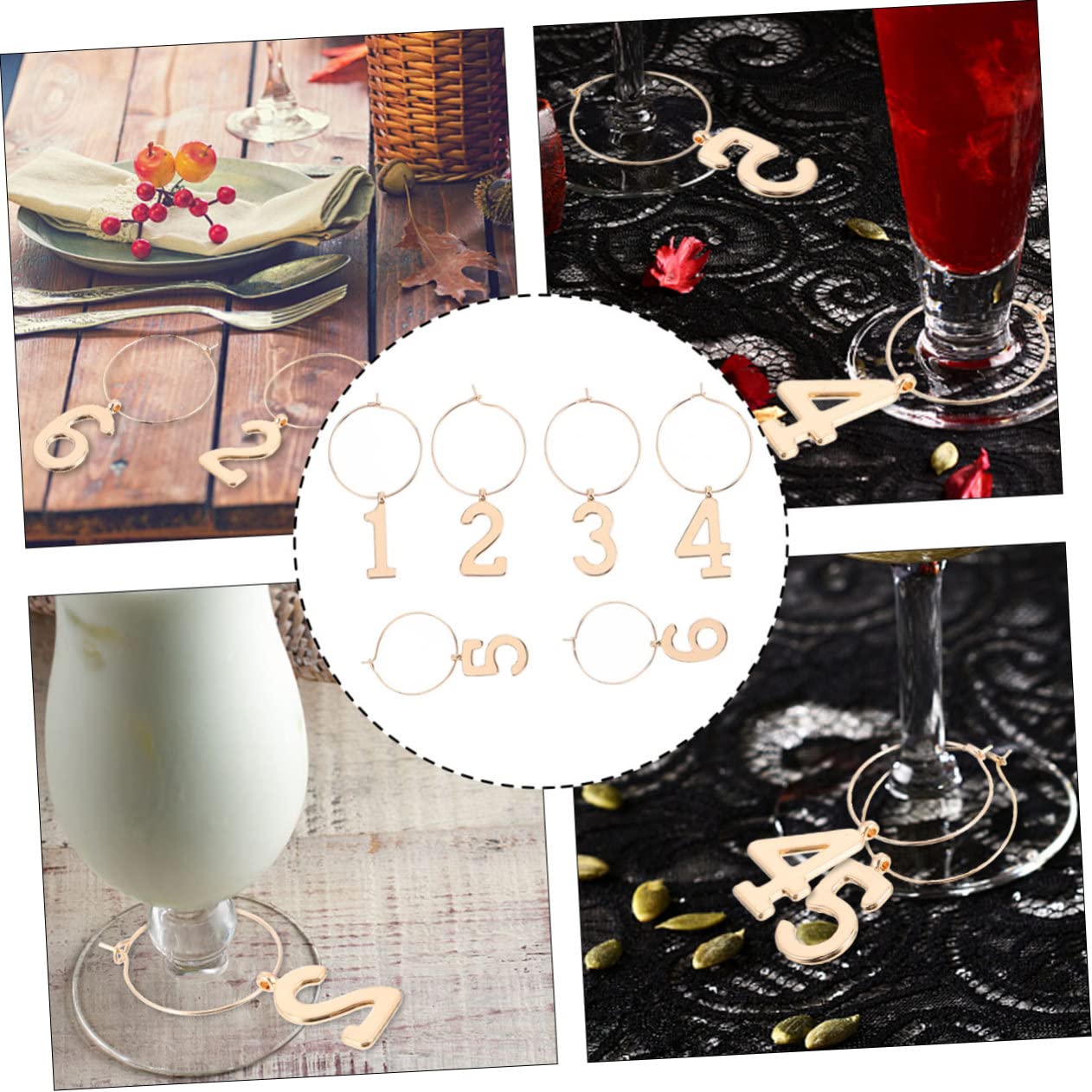 Unomor 6 Pcs Golden Wine Glass Identifiers Cup Markers for Parties Practical and Decorative Drink Charms to Avoid Misunderstandings at Gatherings