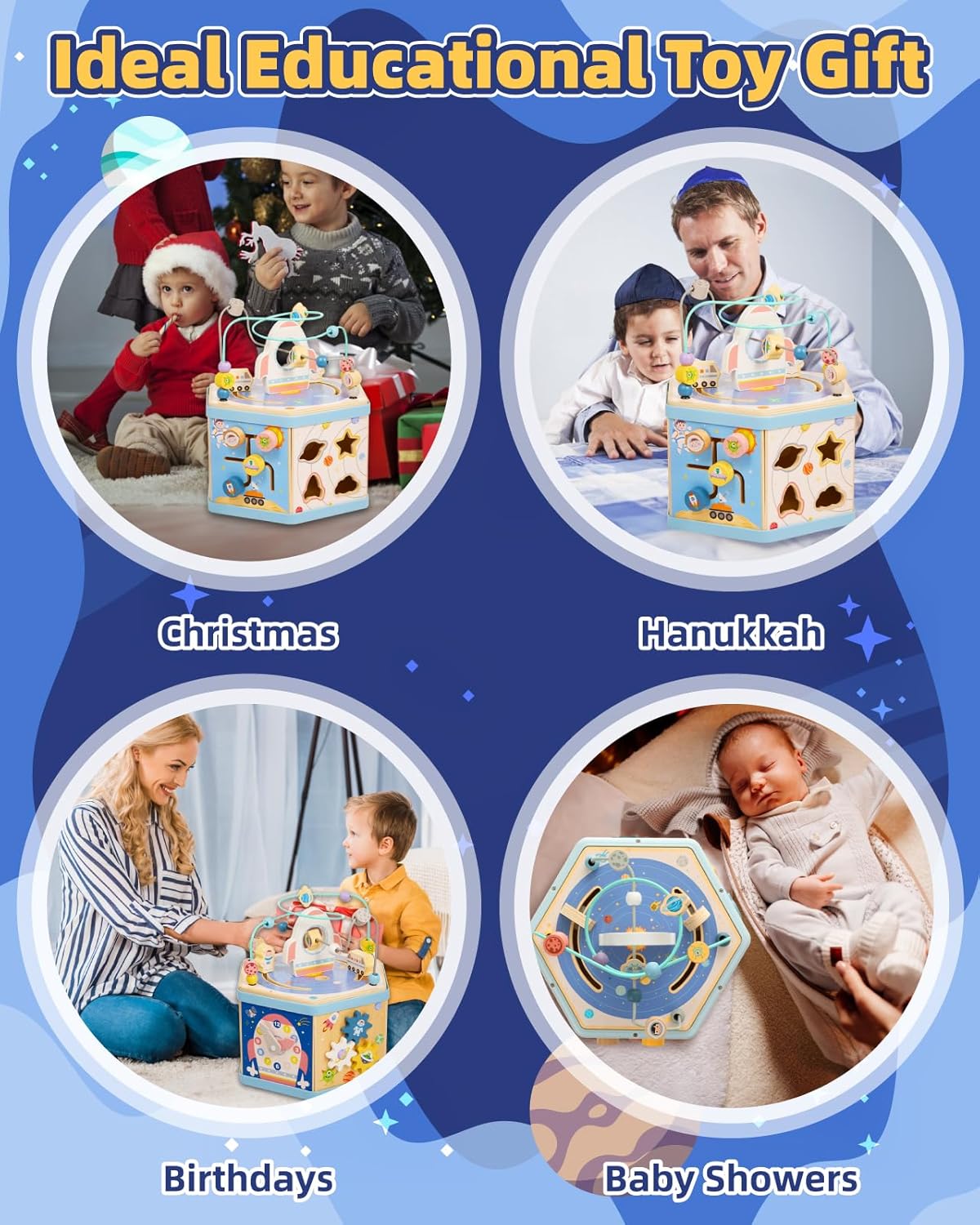 Large Wooden Space Activity Cube Toys, 9-in-1 Early Educational Montessori Learning Toys for 2 3 4 Toddlers with Abacus Bead Maze for 24+ Months Boys Girls First Birthday