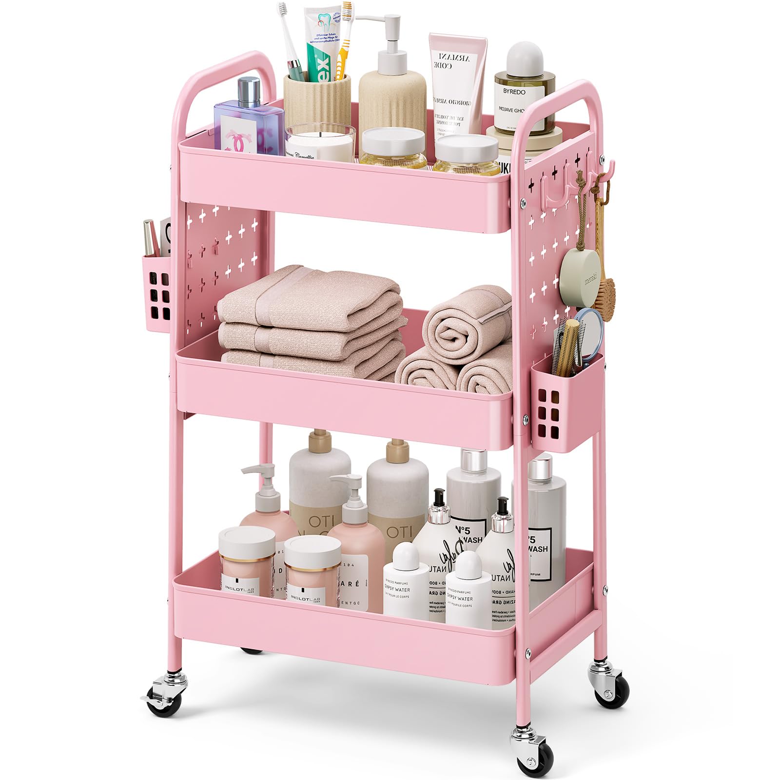 KINGRACK Carrello 3 Livelli Ruote, Rosa | Pannello Forato DIY, Ganci, Cestini, Cucina, Bagno, Ufficio