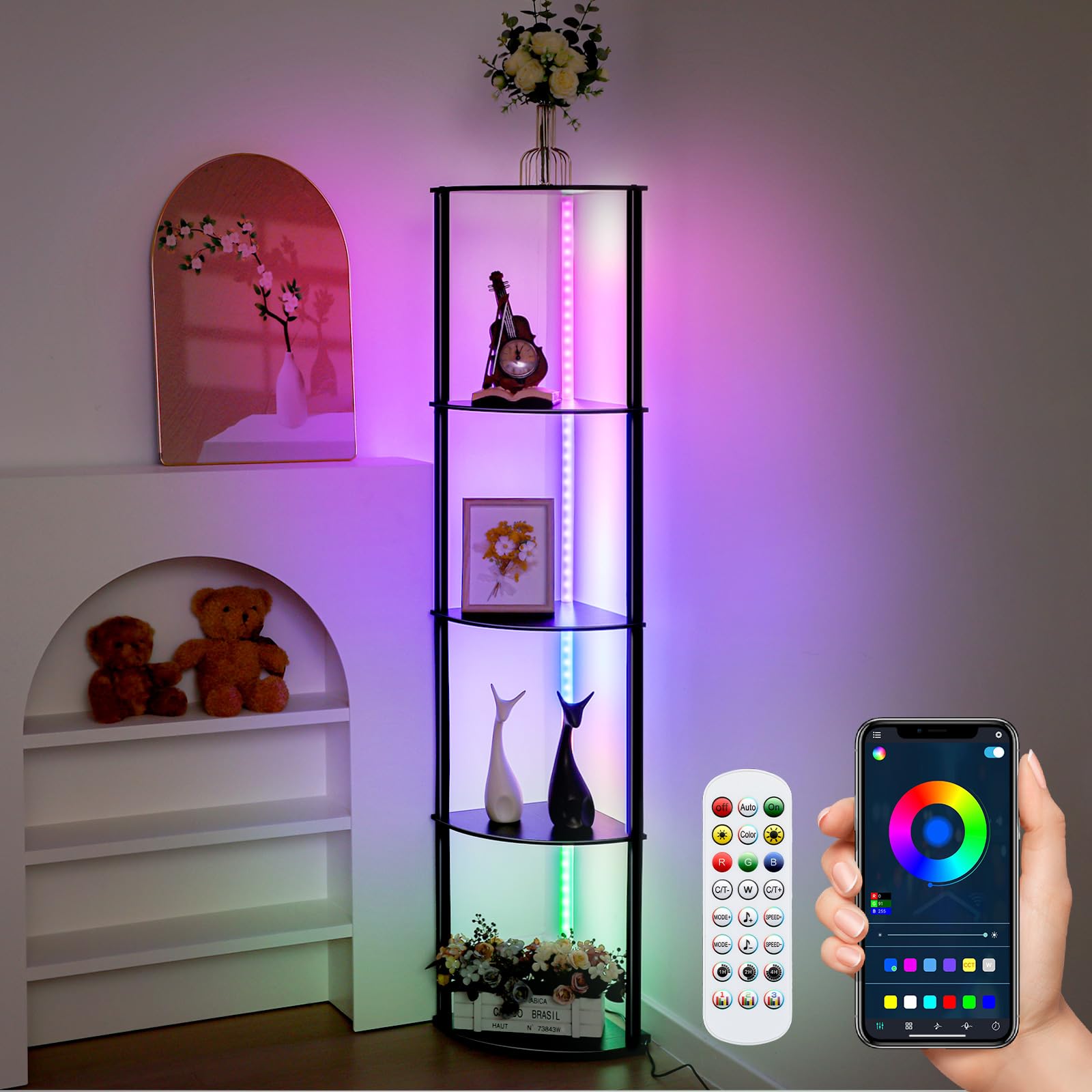 Estante De Esquina Con Luz LED, Organizador De Estante De Pie De 5 Niveles De Alto De 62 Pulgadas Con Lámpara De Pie LED Regulable, Estantería Estrecha Con Estante De Almacenamiento Vitrina