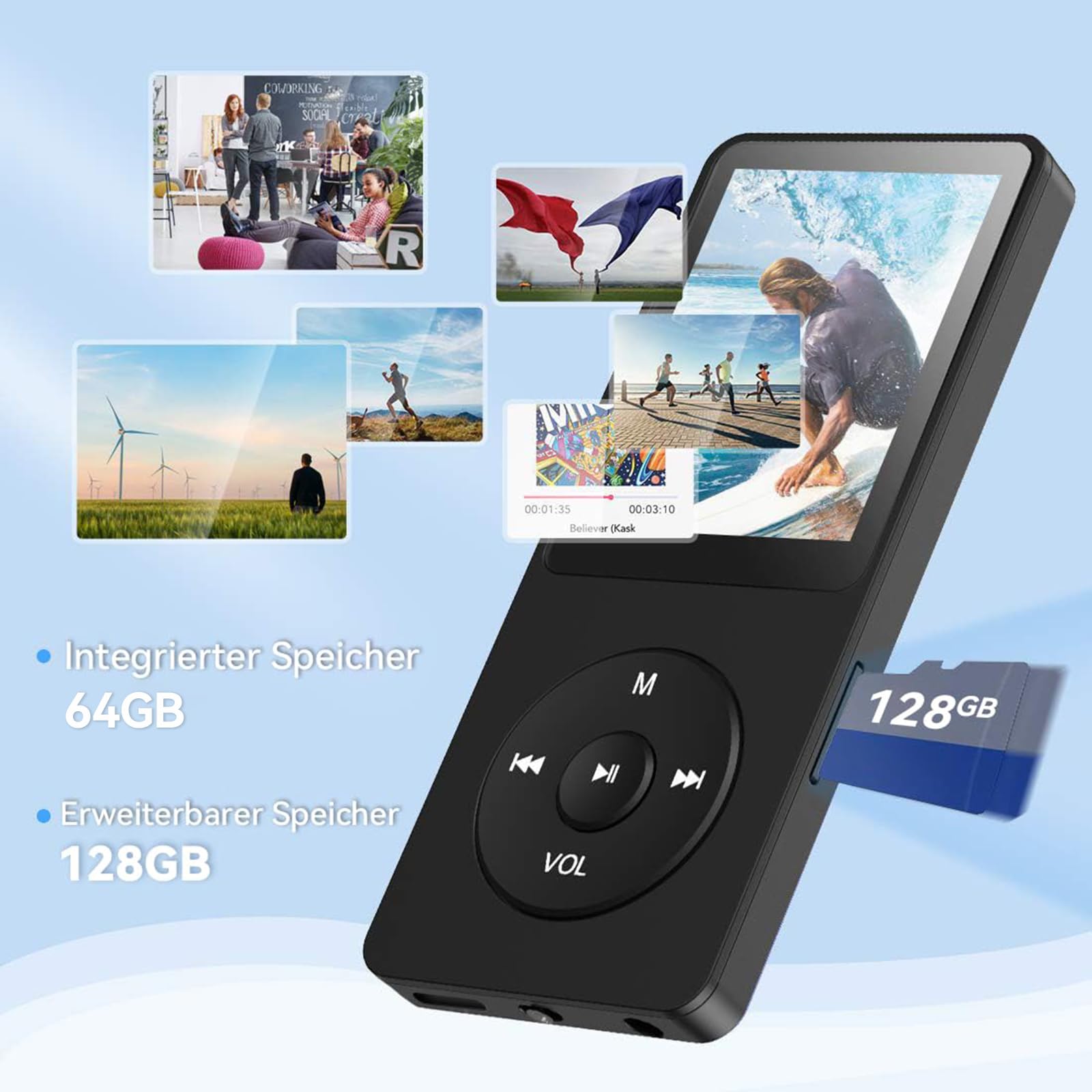AGPTEK 64 GB Klassischer MP3 Player, 70 Stunden Akkulaufzeit tragbare HiFi Musik Player mit Kopfhörer, FM Radio, Aufnahmen, verlustfreie Musikwiedergabe bis zu 128 G, Schwarz