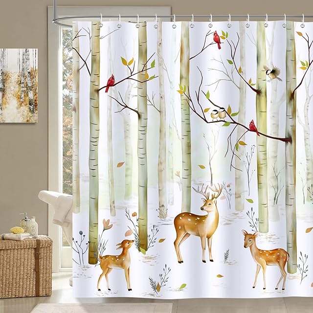 Bonhause Birch Tree and Deer Shower Curtain 180 x 180 cm Autumn Forest Animal Bathroom Curtain Waterproof Mildew & Mould Resistant Polyester Fabric Bath Curtain with 12 Hooks