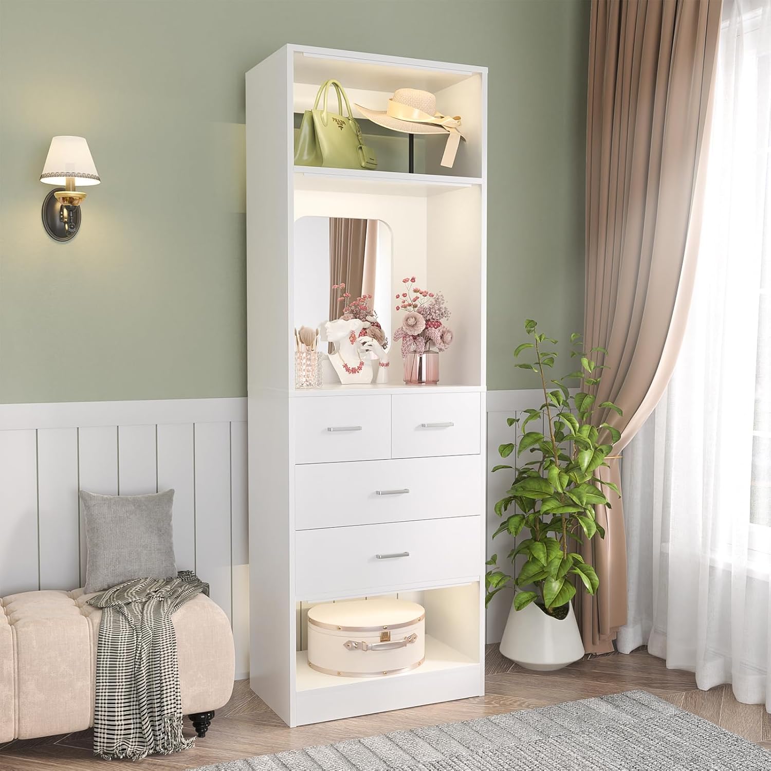 Unikito 25" Closet System with Drawers, 2FT Freestanding Closets Organizer with Storage Shelves and Mirror, Sturdy Walk in Closet Tower for Bedroom, Mudroom and Entryway, 25" W x 16" D x 80" H, White