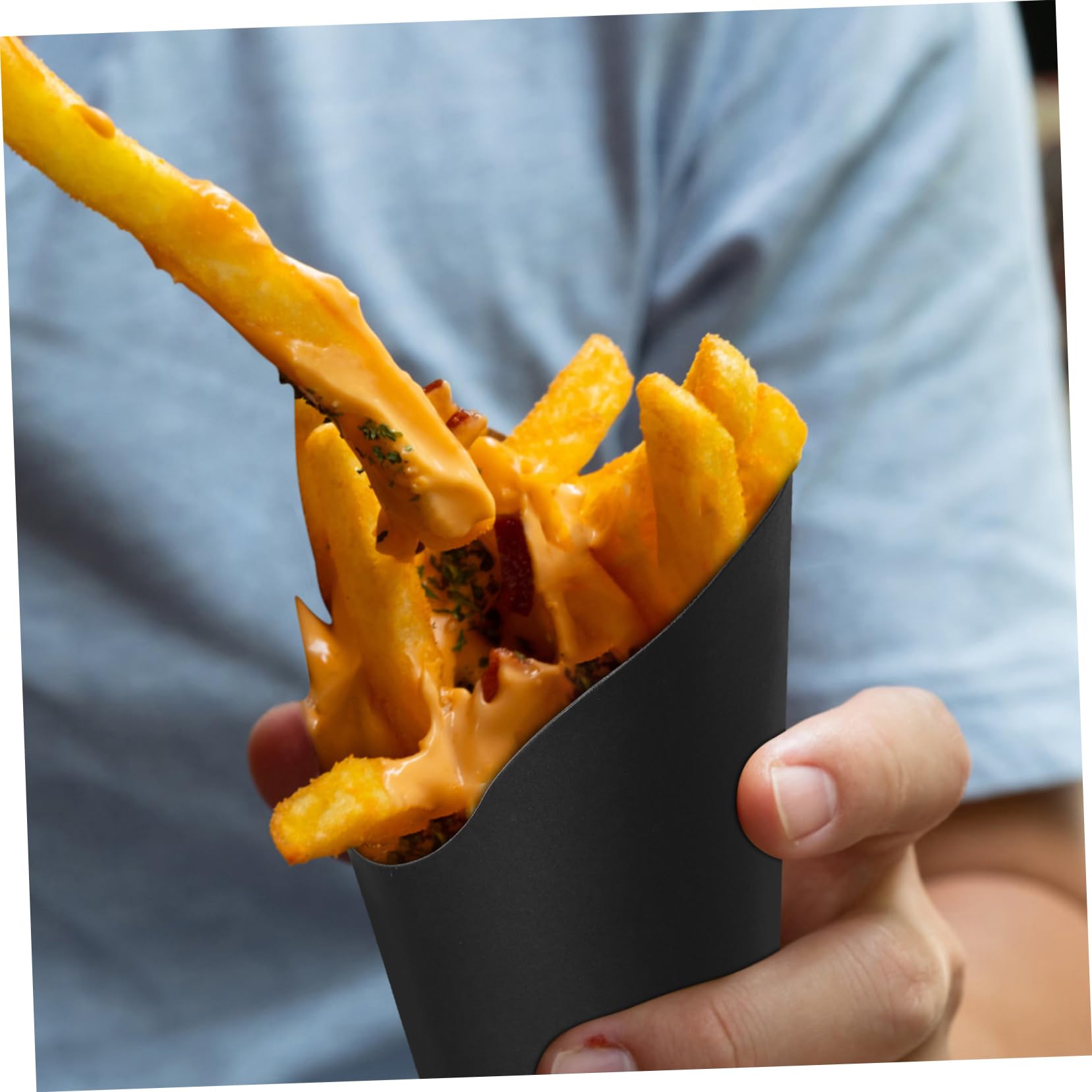 Abaodam 100 Pezzi Coppette di Carta Nere 14 Oz Apertura Inclinata, per Patatine e Snack, Pratiche per Food Truck e Servizio Rapido