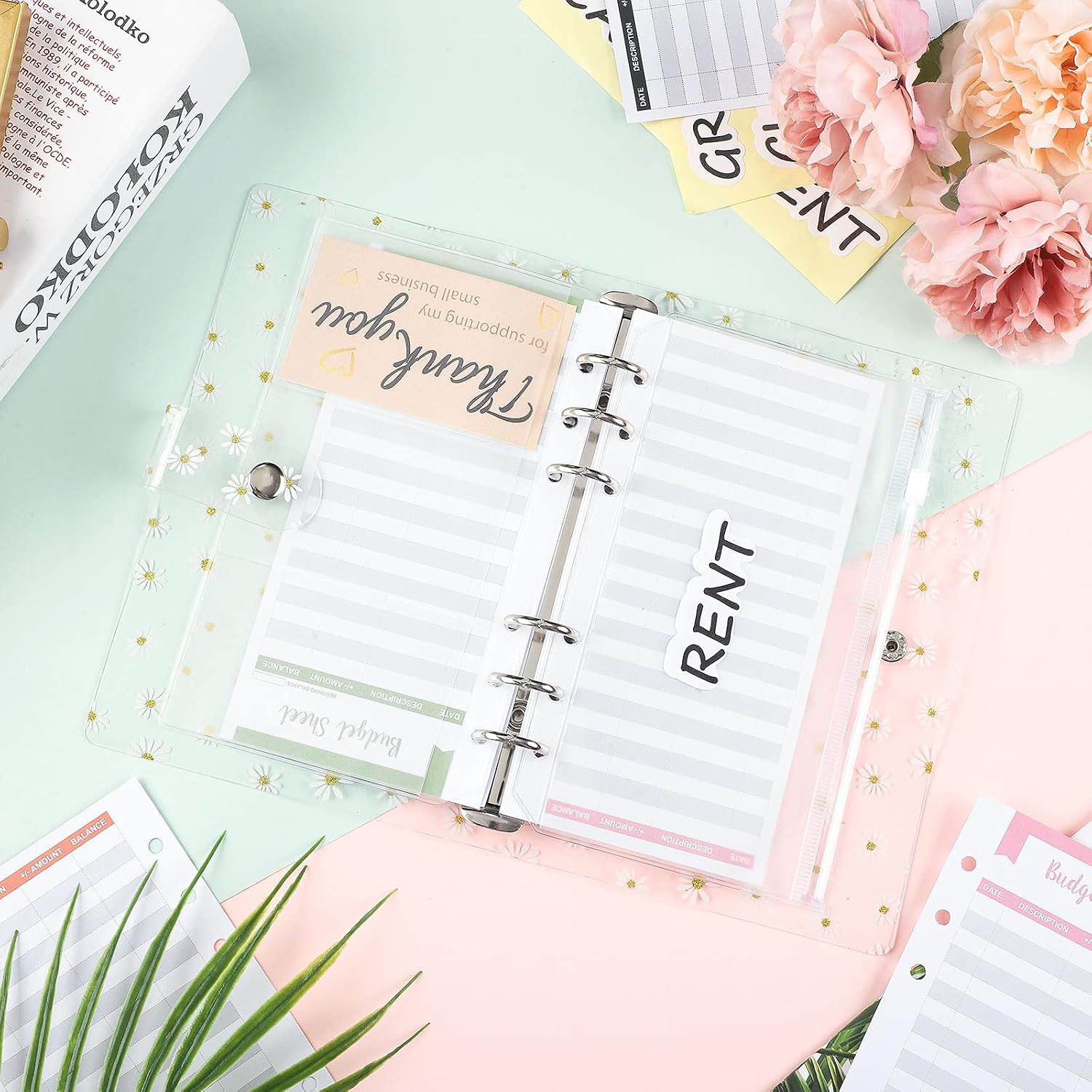 28 Pieces A6 Budget Binder with Budget Envelopes, Planner Budget Binder Organizer PVC Notebook Cover Waterproof 6-Ring Binder Expense Budget Sheet and Letters Labels for Bill Planner(Flowers)