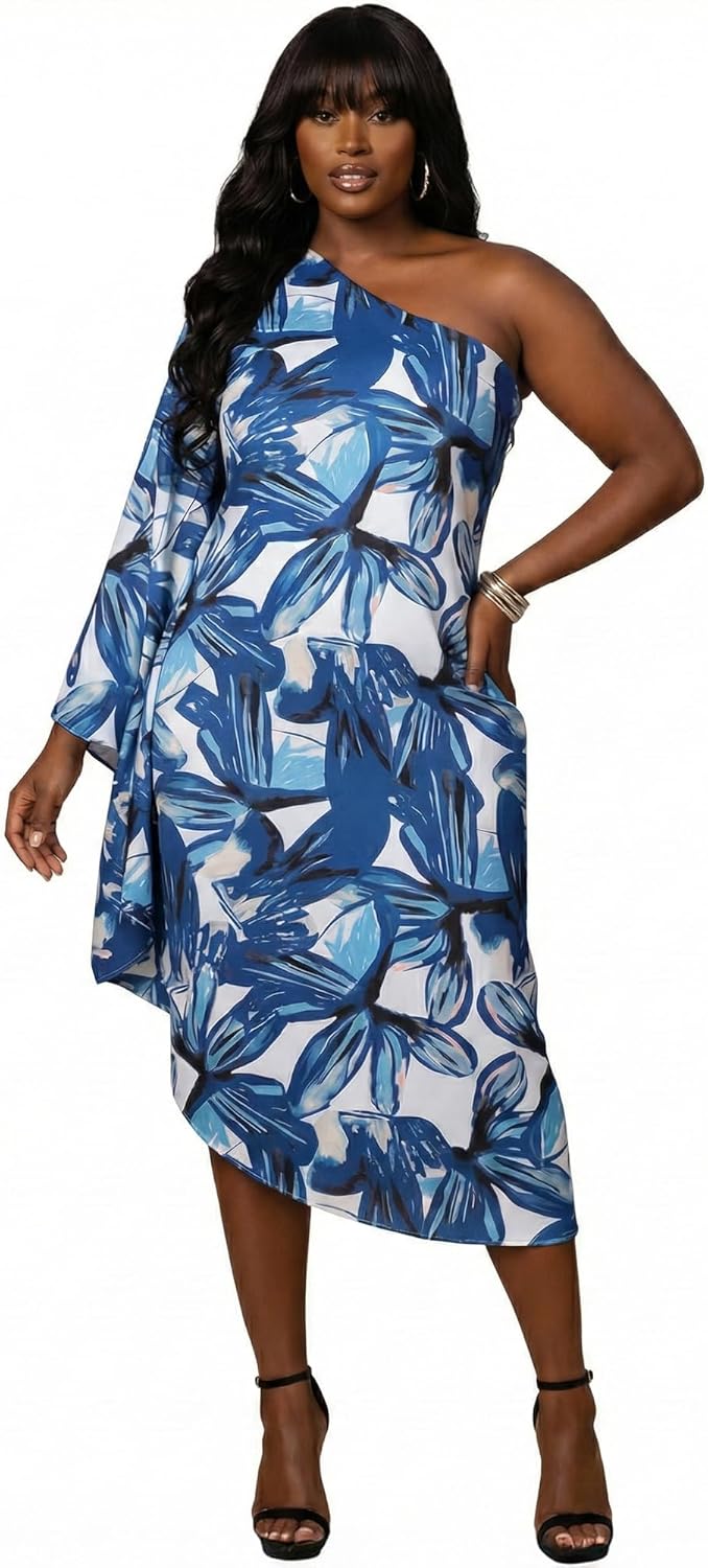 KOH KOH Womens One Shoulder Asymmetric Spring Summer Print Long Midi Dress